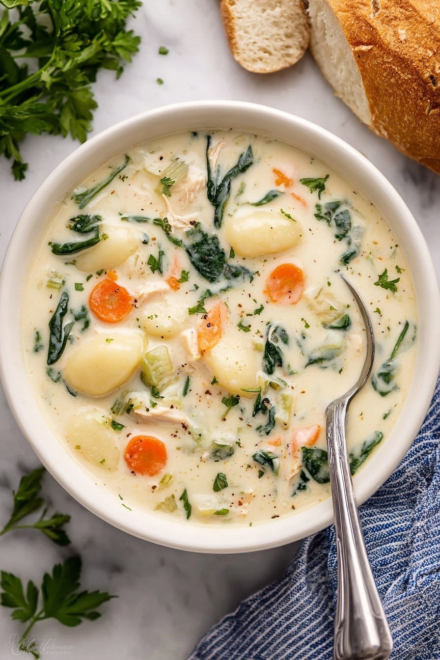 A white bowl filled with a creamy soup showing several layers inside: soft white gnocchi pieces, orange carrot slices, green spinach leaves, small white chunks of chicken, and hints of celery pieces all mixed inside a thick, white creamy broth. A silver spoon rests inside the bowl on the right side. The bowl is placed on a white marbled surface with fresh green parsley leaves on the upper left and pieces of crusty bread on the upper right, next to a blue and white striped cloth at the bottom right. photo taken with an iphone --ar 2:3 --v 7 - Slow Cooker Chicken Gnocchi Soup, easy chicken gnocchi soup, creamy slow cooker soup, healthy chicken dinner, comforting winter soup