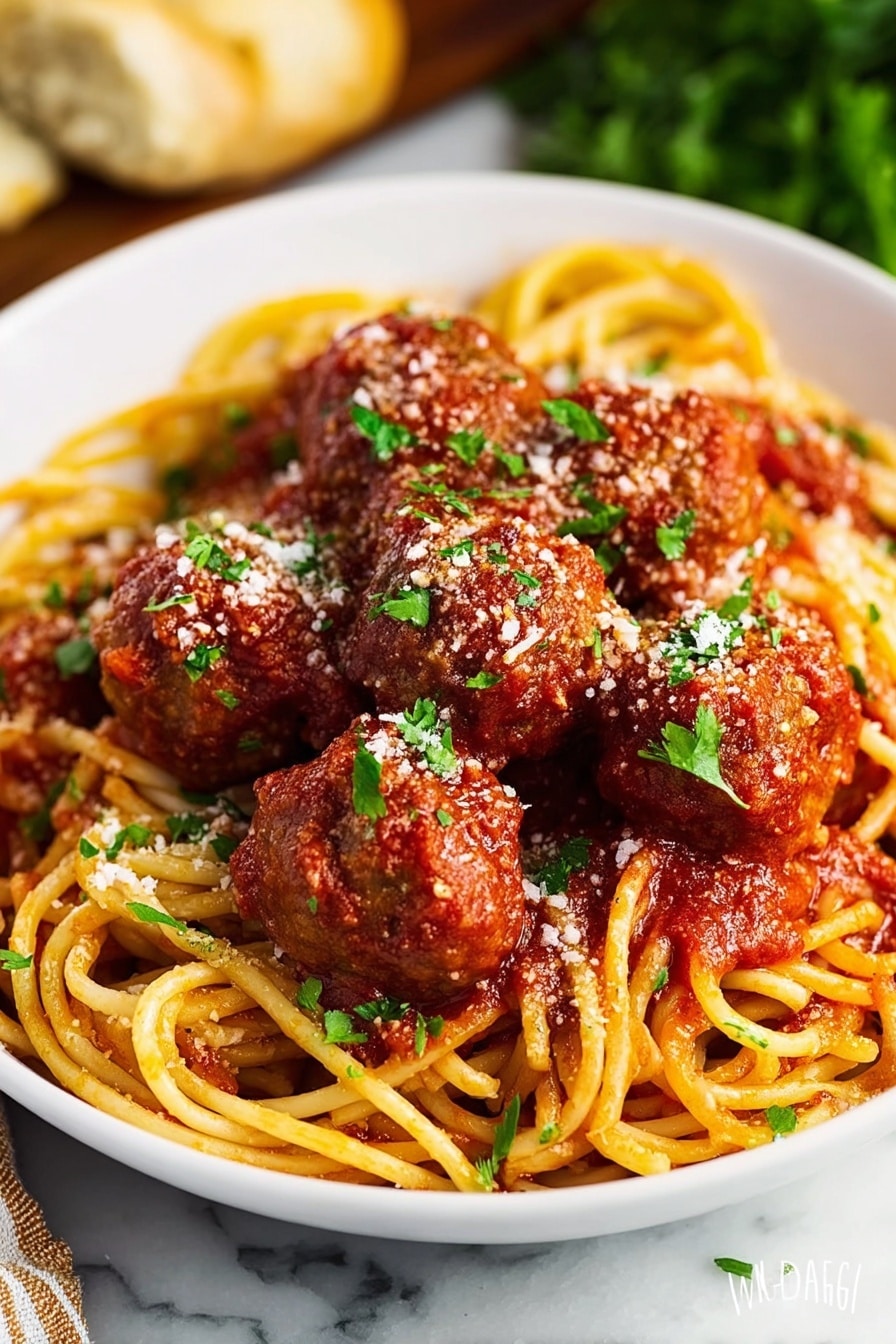 A white shallow bowl filled with a nest of thick yellow spaghetti noodles, topped with seven round brown meatballs coated in red tomato sauce. The tomato sauce covers some parts of the noodles lightly, with a sprinkle of white grated cheese and small bright green parsley leaves scattered on top. The bowl is placed on a white marbled surface with some blurred green herbs and a piece of bread in the background. photo taken with an iphone --ar 2:3 --v 7 - Easy Crock Pot Spaghetti with Meatballs, slow cooker spaghetti and meatballs, effortless crockpot dinner, easy family-friendly spaghetti, simple crockpot recipes