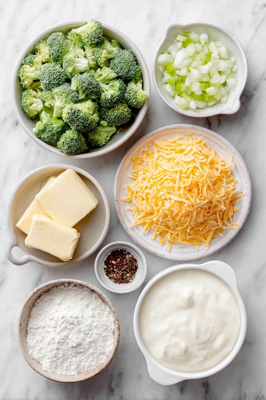 Flat lay of fresh small diced broccoli florets, a few pats of smooth yellow butter, finely diced white onion, a small pile of minced garlic, diced celery pieces, a small mound of coarse salt, whole black peppercorns, a small white ceramic bowl of golden chicken broth, a small white bowl filled with white cornstarch powder, a small white bowl of thick heavy cream, shredded bright orange cheddar cheese arranged neatly on a white ceramic plate, all placed on a clean white marble surface, soft natural light, photo taken with an iPhone, professional food photography style, fresh ingredients, white ceramic bowls, no bottles, no duplicates, no utensils, no packaging --ar 2:3 --v 7 --p awthu7i m7354615311229779997 - Crockpot Broccoli Cheese Soup, slow cooker broccoli cheese soup, easy broccoli cheese soup, creamy broccoli cheese soup, cheesy vegetable soup
