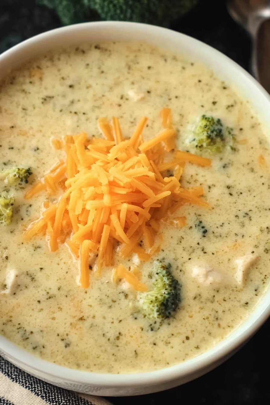A close-up view of a creamy soup with a thick texture and light greenish-white color mixed with small bits of broccoli and chicken, served in a white bowl. On top of the soup is a small pile of shredded bright orange cheddar cheese. The bowl sits on a white marbled surface. Photo taken with an iphone --ar 2:3 --v 7 - Crockpot Broccoli Cheese Soup, slow cooker broccoli cheese soup, easy broccoli cheese soup, creamy broccoli cheese soup, cheesy vegetable soup