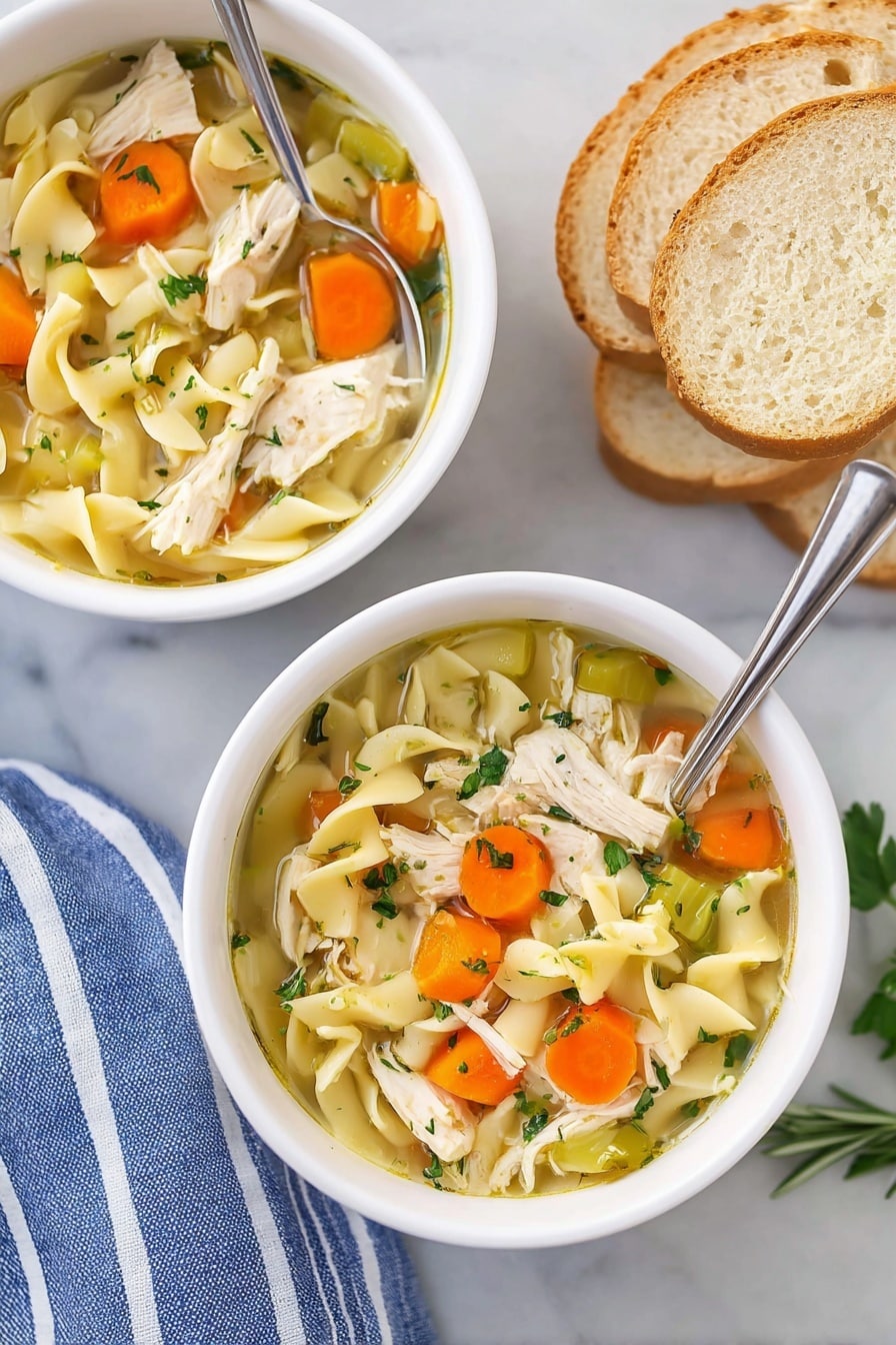 The image shows two white bowls filled with chicken noodle soup placed on a white marbled surface. Each bowl contains clear broth with three main layers: beige spiral egg noodles at the bottom, mixed with orange carrot pieces and light green celery cubes in the middle, and topped with white shredded chicken pieces and small green herb sprigs like parsley and rosemary. Next to the bowls, there are three white slices of toasted bread with a golden crust, and some parsley leaves are scattered around for decoration. A blue and white striped cloth is partially visible under one bowl. Photo taken with an iphone --ar 2:3 --v 7 - Crockpot Chicken Noodle Soup, easy chicken noodle soup, slow cooker chicken soup, homemade chicken noodle soup, comforting crockpot recipes
