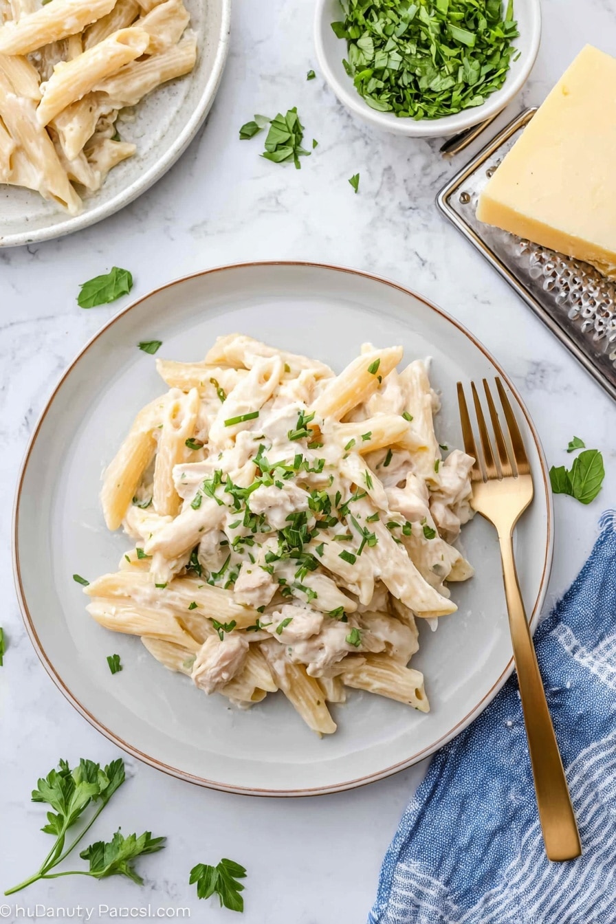 A white plate holds a serving of penne pasta covered in a creamy, pale off-white sauce. The pasta is mixed with small pieces of white meat and sprinkled with chopped green herbs on top. The plate is placed on a white marbled surface with small green herb leaves scattered around. Nearby, there is a white bowl filled with chopped green herbs and a block of pale yellow cheese on a metal grater. A gold-colored fork rests on a blue and white striped cloth to the right of the plate. photo taken with an iphone --ar 2:3 --v 7 - Crock Pot Chicken Alfredo, Chicken Alfredo casserole, slow cooker Alfredo pasta, creamy chicken pasta, easy slow cooker recipes