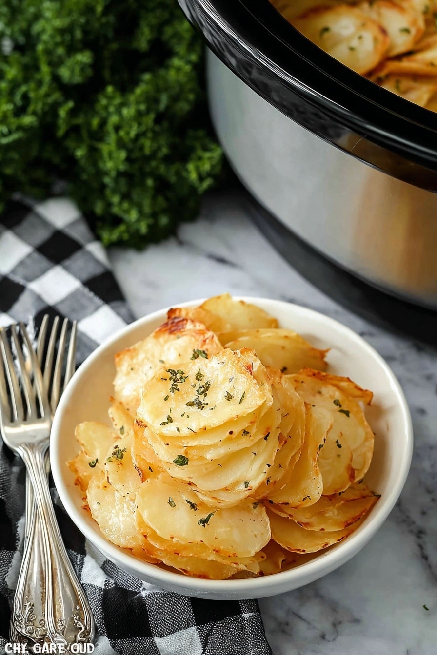 A small white bowl filled with golden layered potato slices, each layer showing a soft, cooked texture with some crispy edges, sprinkled lightly with herbs, sits on a white marbled surface. Beside the bowl, two silver forks rest on a black and white checkered cloth. Part of a silver slow cooker filled with the same layered potato dish is visible in the top right corner, showing the potato slices inside with a creamy and tender appearance. A sprig of green parsley adds a fresh touch to the left side of the scene. Photo taken with an iphone --ar 2:3 --v 7 - Slow Cooker Scalloped Potatoes, cheesy scalloped potatoes, easy scalloped potatoes, creamy potato side dish, slow cooker potato recipes