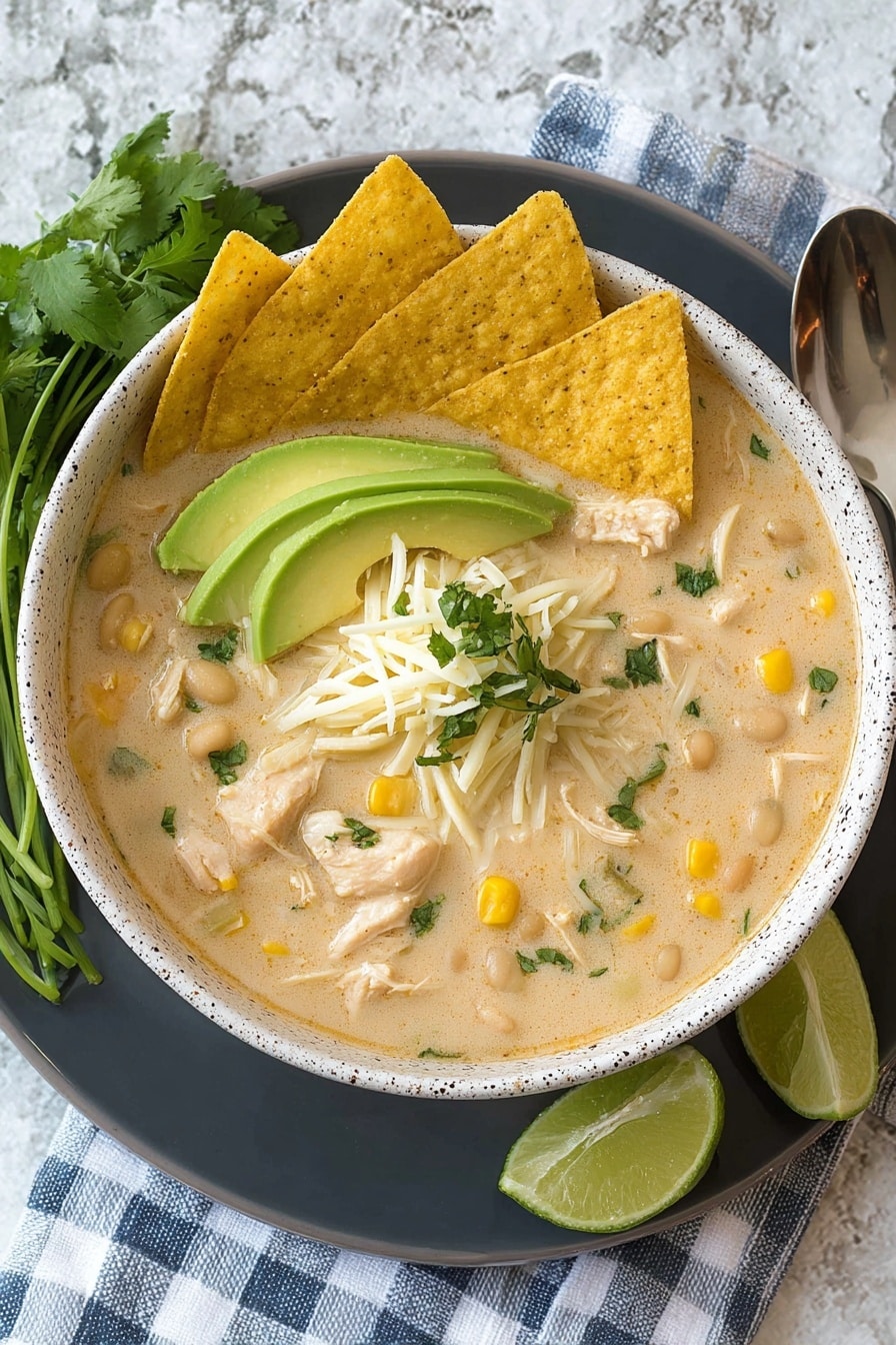 A white speckled bowl sits on a dark brown plate, filled with creamy soup that has a light beige color with visible pieces of shredded chicken, corn, and white beans mixed inside. On top of the soup, there are three triangular yellow tortilla chips standing upright on one side, while thinly shredded white cheese is placed beside them. Next to the cheese, slices of bright green avocado fan out, and a fresh lime wedge sits in the center. Sprinkled throughout the soup are small green cilantro leaves. The setup is on a white marbled surface with some avocado halves and fresh cilantro blurred in the background. photo taken with an iphone --ar 2:3 --v 7 - White Chicken Chili, White Chicken Chili Ingredients, Best White Chicken Chili, How to Make White Chicken Chili, White Chicken Chili Easy Recipe