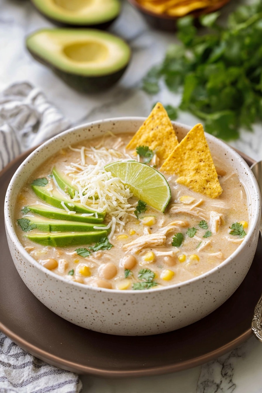 The dish is a creamy soup served in a white speckled bowl placed on a dark plate against a white marbled textured surface. The soup has a light beige color with visible chunks of chicken, corn, and white beans scattered throughout. On top, there are three large yellow tortilla chips arranged along the upper side, a handful of shredded white cheese in the center, a few green cilantro leaves sprinkled around, thin slices of avocado fanned out on the left side, and a wedge of lime resting near the avocado. A spoon is placed beside the bowl on a white and blue checkered napkin. Photo taken with an iphone --ar 2:3 --v 7 - White Chicken Chili, White Chicken Chili Ingredients, Best White Chicken Chili, How to Make White Chicken Chili, White Chicken Chili Easy Recipe