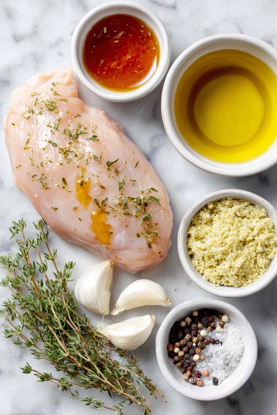 Flat lay of a fresh boneless, skinless chicken breast half, a small drizzle of golden olive oil in a white ceramic bowl, a small white bowl with glossy amber maple syrup, two cloves of fresh garlic with papery skin, a few sprigs of fresh green thyme, a small white bowl of pale yellow stone-ground mustard with visible mustard seeds, a small white bowl of clear cider vinegar, a small white bowl filled with light golden low-sodium chicken broth, a small pile of coarse black peppercorns, and a small pile of fine white salt crystals, all arranged symmetrically on a clean white marble surface, soft natural light, photo taken with an iPhone, professional food photography style, fresh ingredients, white ceramic bowls, no bottles, no duplicates, no utensils, no packaging --ar 2:3 --v 7 --p awthu7i m7354615311229779997 - Maple Mustard Glazed Chicken, easy chicken dinner, cozy weeknight meal, healthy chicken recipes, quick glazed chicken