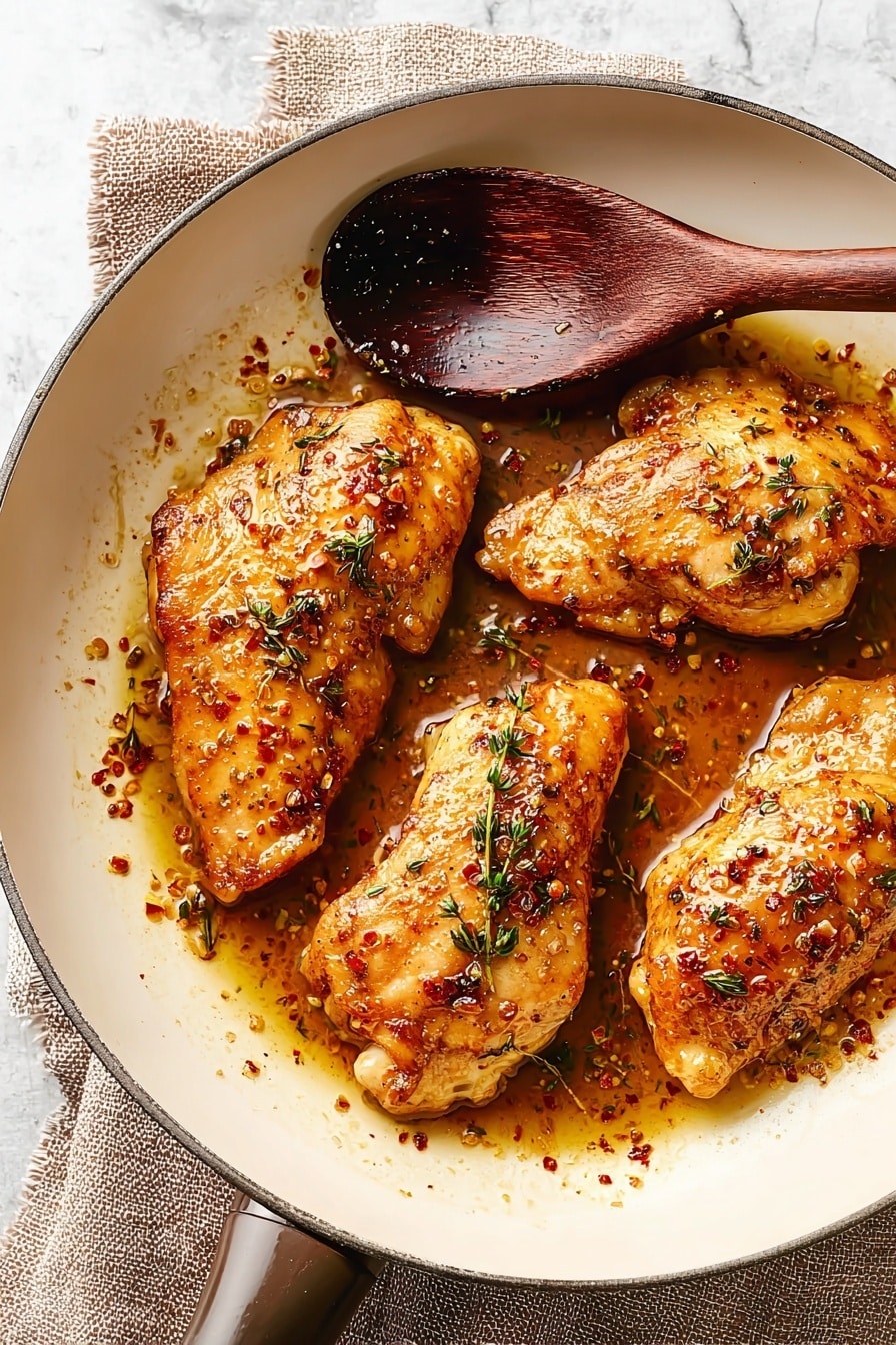 The image shows a close-up of four golden brown chicken pieces cooking in a copper-colored frying pan with a shiny glaze of sauce on them, speckled with herbs and black pepper. The chicken pieces vary in size, with two larger pieces at the center and two smaller ones towards the top and bottom right. A dark wooden spoon with sauce droplets rests on the right side of the pan, which sits on a light brown cloth on a white marbled surface. The sauce glistens with a slightly sticky texture, pooling lightly around the chicken, highlighting the juicy, cooked texture of the meat photo taken with an iphone --ar 2:3 --v 7 - Maple Mustard Glazed Chicken, easy chicken dinner, cozy weeknight meal, healthy chicken recipes, quick glazed chicken