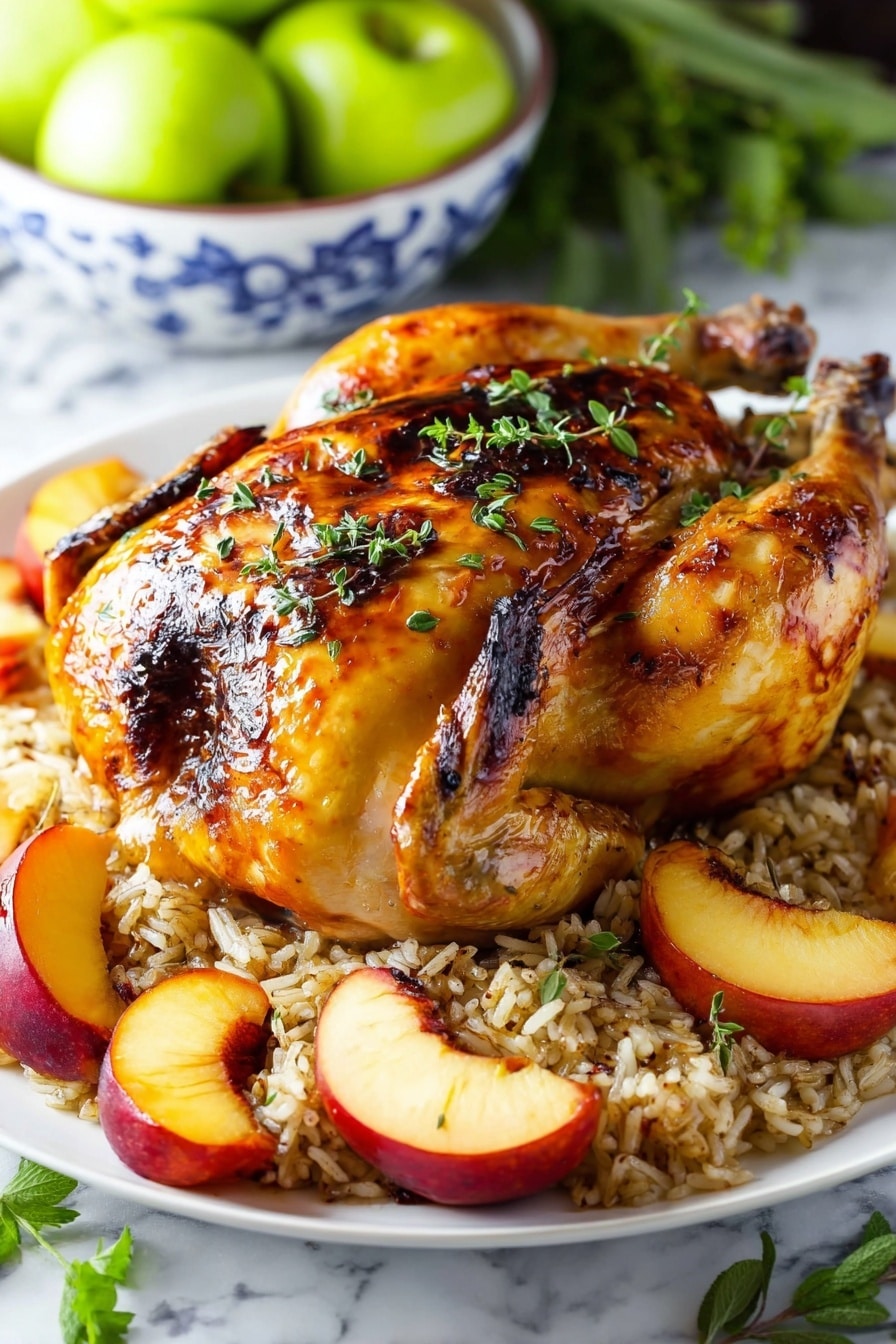 A whole roasted chicken with a golden-brown, shiny skin and some dark charred spots lies in the center of a white plate. It is sprinkled with small green herb leaves on top. The chicken rests on a bed of light and dark mixed rice. Around the chicken, thick slices of cooked peaches with red skin and yellow flesh are placed in a circle. Inside the chicken, there are garlic cloves and sprigs of herbs visible. In the background, a bowl with bright green apples sits on a white marbled surface with some loose green leaves scattered around. Photo taken with an iphone --ar 2:3 --v 7 - Apple Cider Glazed Roasted Chicken, roasted chicken with apple cider glaze, easy apple cider chicken recipe, juicy roasted chicken with glaze, quick apple cider chicken