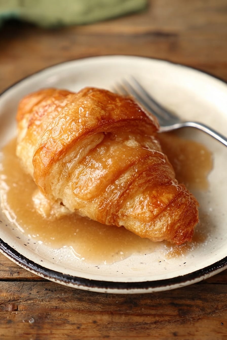 A single golden brown croissant sits on a white plate with a slightly worn black rim. The croissant is covered in a shiny light brown sauce that pools around its base, giving it a moist look. The croissant shows flaky layers with a soft, smooth texture visible under the sauce. The plate rests on a rustic wooden table, but the background and surface should be imagined as a white marbled texture. A fork lies behind the croissant on the plate. Photo taken with an iphone --ar 2:3 --v 7 - Apple Dumplings with Cinnamon-Sugar and Sprite Glaze, easy apple dessert, cinnamon sugar apple treat, homemade apple dumplings, quick apple dessert