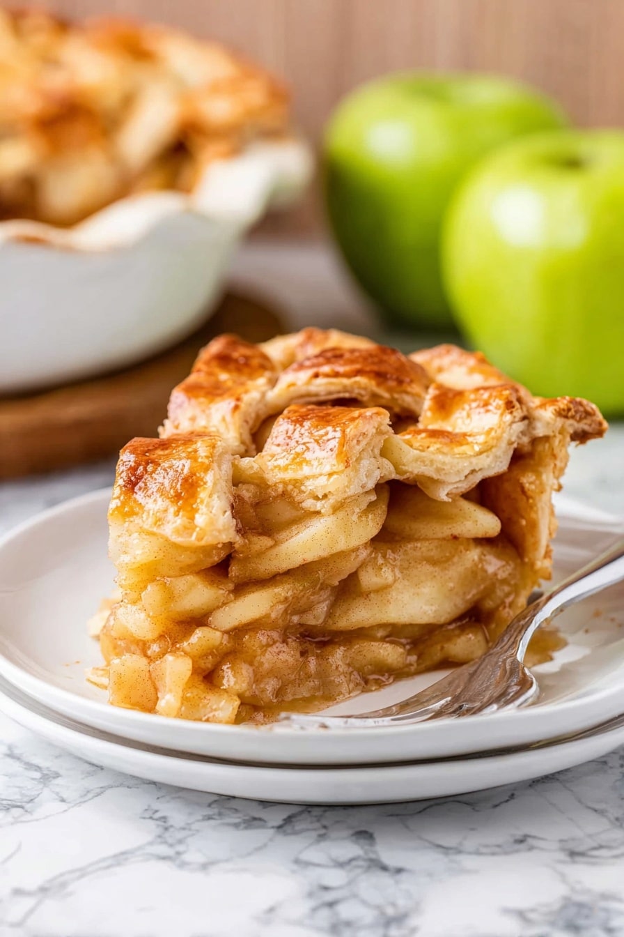 The image shows a slice of apple pie on a white plate with a silver fork on the side. The pie has a golden brown, flaky crust on top with a braided lattice pattern, and the edges are wavy and slightly crimped. Inside, there are roughly four layers of soft, cooked apple slices coated in a light brown cinnamon-spiced sauce. The filling looks tender and juicy, and you can see a little shine from the glaze. The background has a white marbled texture, and there are two green apples and a white ceramic dish with more pie behind the plate. photo taken with an iphone --ar 2:3 --v 7 - Apple Pie Classic, Best Apple Pie, Homemade Apple Pie, Flaky Apple Pie Crust, Spiced Apple Pie