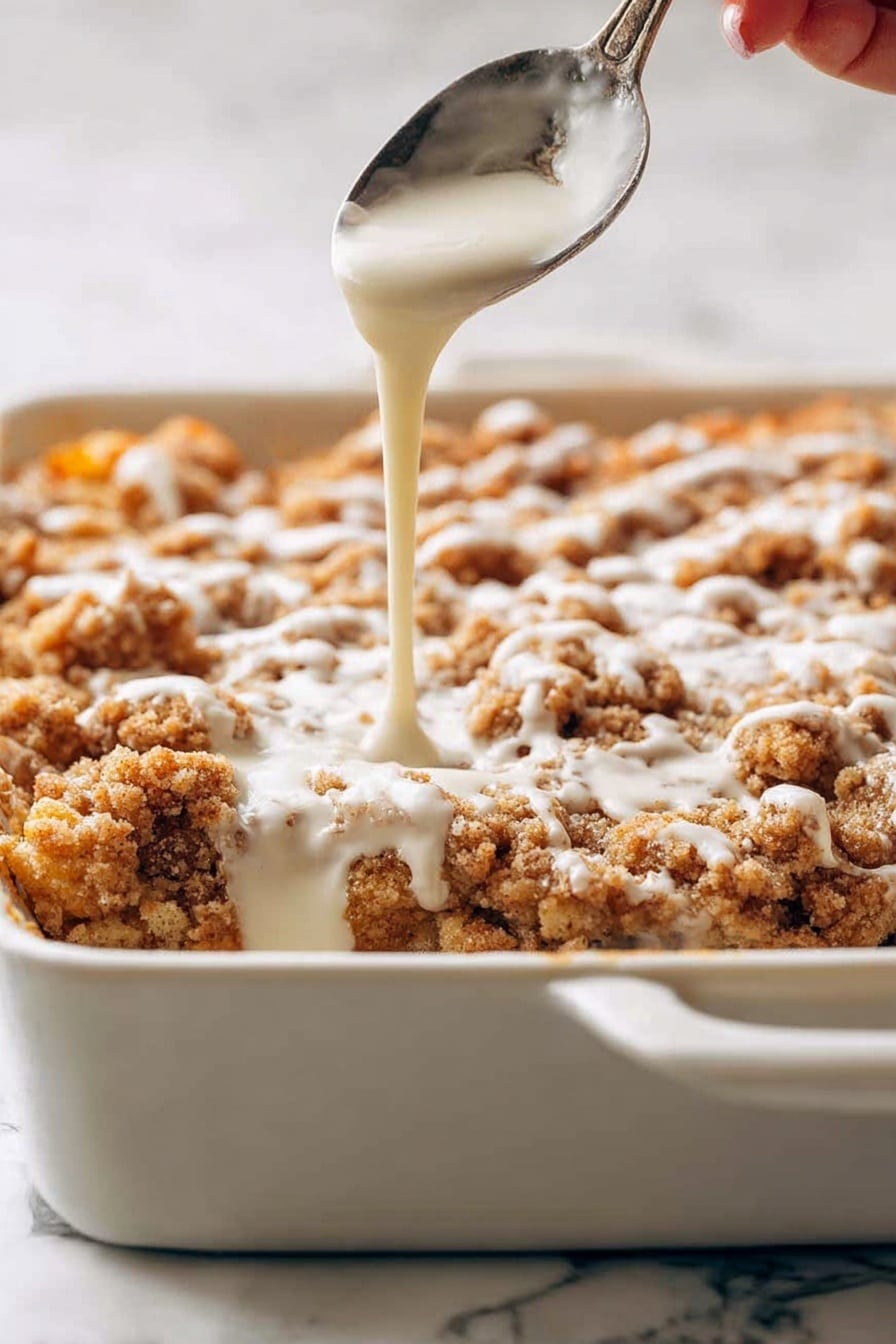 The dish shows a white baking dish filled with a layered dessert that has a golden brown crumb topping with a rough, crumbly texture. A woman's hand is holding a spoon above the dish, slowly pouring a smooth, creamy white sauce over the crumbly top layer, creating small pools of sauce on the uneven surface. The dessert appears dense and thick with visible pieces of baked dough beneath the crumbly layer. The background and surface are white with a marbled texture. photo taken with an iphone --ar 2:3 --v 7 - Apple French Toast Casserole, Apple French Toast Bake, Easy Apple Breakfast, Cinnamon Apple Brunch, Make-Ahead Breakfast Casserole
