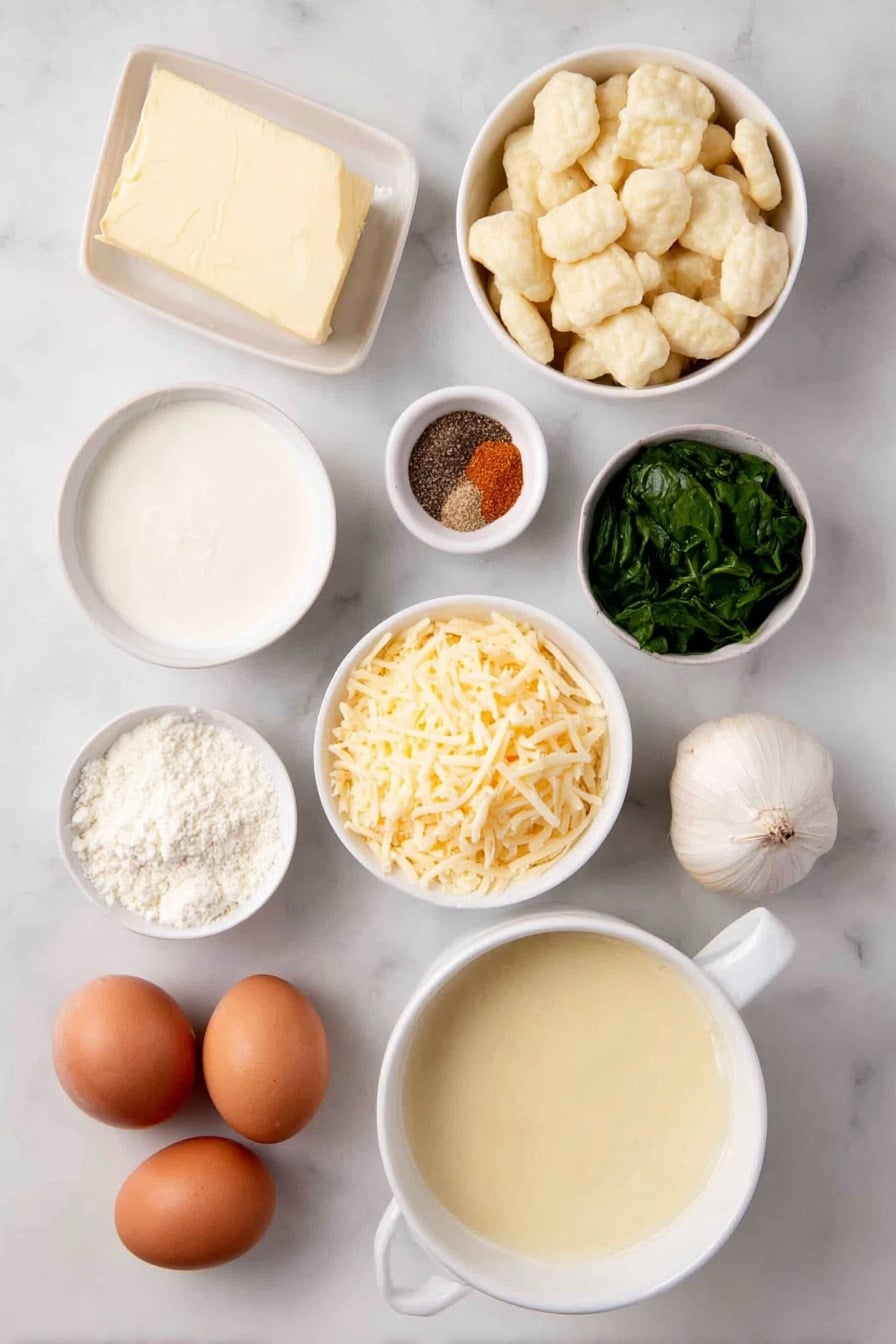 Flat lay of a small pat of butter, one small diced onion, two whole celery ribs, one large peeled and shredded carrot, two peeled garlic cloves, a simple white ceramic bowl filled with pale yellow chicken broth, a cluster of fresh potato gnocchi, a small white bowl of heavy cream, a small white bowl of whole milk, a neat pile of shredded sharp cheddar cheese, a small white bowl of finely grated parmesan cheese, a handful of chopped fresh spinach, a small white bowl of dry mustard powder, a small white bowl of coarse black pepper, and two whole uncracked brown eggs — all arranged in perfect symmetry on a clean white marble surface, soft natural light, photo taken with an iPhone, professional food photography style, fresh ingredients, white ceramic bowls, no bottles, no duplicates, no utensils, no packaging --ar 2:3 --v 7 --p awthu7i m7354615311229779997 - Cheesy Gnocchi Soup, cheesy gnocchi soup recipe, creamy gnocchi soup, comfort food soup, easy gnocchi soup