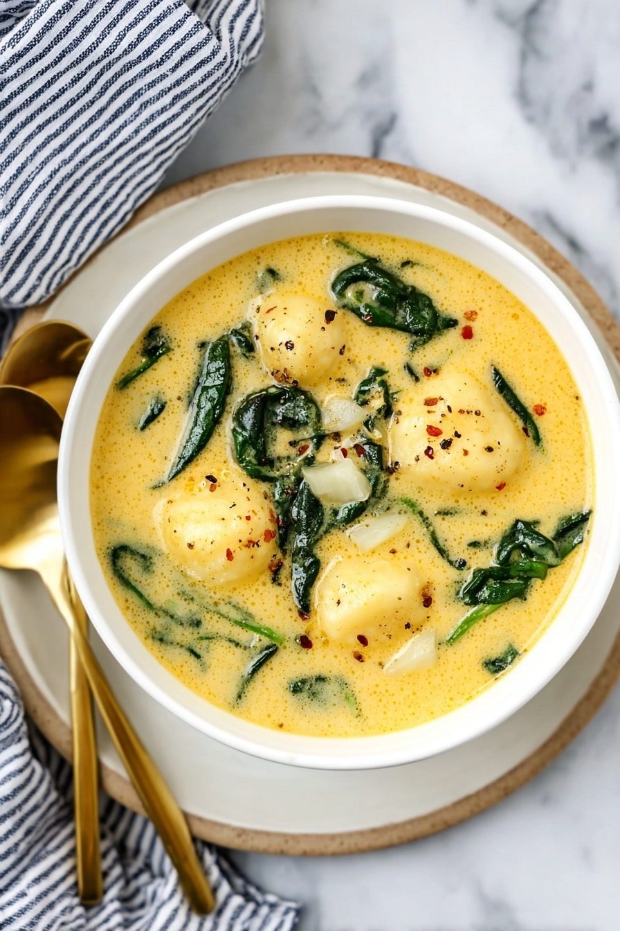 A white bowl is filled with creamy yellow soup, containing three large soft dumplings or gnocchi, scattered green spinach leaves, and small white pieces of onion. The soup has a smooth texture with tiny black specks of pepper on top. The bowl sits on a white marbled plate, with two golden spoons resting beside it. A striped blue and white cloth is placed to the left side of the bowl, all on a white marbled surface. Photo taken with an iphone --ar 2:3 --v 7 - Cheesy Gnocchi Soup, cheesy gnocchi soup recipe, creamy gnocchi soup, comfort food soup, easy gnocchi soup