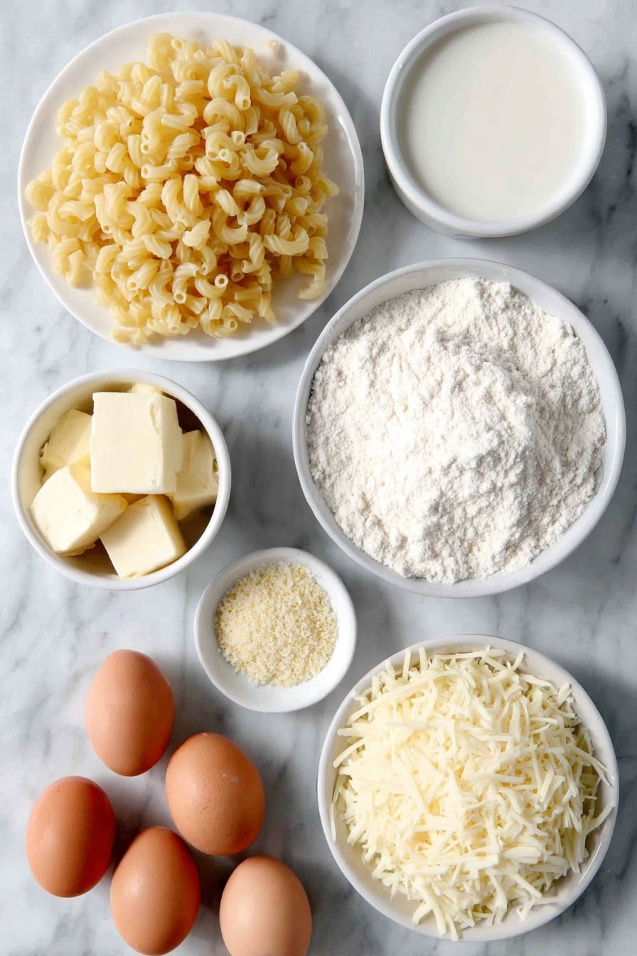 Flat lay of elbow macaroni pasta scattered beside three whole uncracked brown eggs, a small white ceramic bowl of warm milk, a small white ceramic bowl filled with plain all-purpose flour, a handful of fresh shredded gruyere cheese, freshly shredded cheddar cheese, freshly shredded Colby cheese, and shredded mozzarella cheese arranged neatly on a simple white ceramic plate, a small white ceramic bowl containing golden unsalted butter cubes, another small white ceramic bowl with melted butter, a small mound of light golden panko breadcrumbs, and a tiny white ceramic dish holding mixed fine powders of salt, garlic powder, onion powder, and mustard powder, all placed on a clean white marble surface, soft natural light, photo taken with an iPhone, professional food photography style, fresh ingredients, white ceramic bowls, no bottles, no duplicates, no utensils, no packaging --ar 2:3 --v 7 --p awthu7i m7354615311229779997 - Baked Mac and Cheese, baked mac and cheese recipe, cheesy baked mac n cheese, creamy baked pasta, crunchy topping macaroni