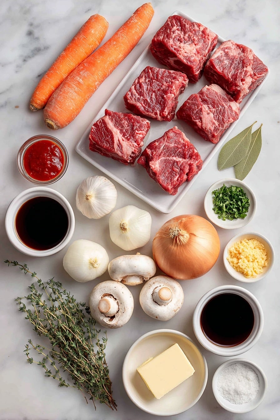 Flat lay of fresh chuck beef cubes, two large carrots cut on an angle, a cluster of pearl onions, a fresh bay leaf, three sprigs of thyme, small white ceramic bowls of red wine, olive oil, tomato paste, plain flour, and minced garlic, whole uncracked eggs with clean shells, halved button mushrooms, thick batons of bacon, a small slab of unsalted butter, a bowl of rich beef stock, and a small pile of chopped fresh parsley all arranged with perfect symmetry on a clean white marble surface, soft natural light, photo taken with an iPhone, professional food photography style, fresh ingredients, white ceramic bowls, no bottles, no duplicates, no utensils, no packaging --ar 2:3 --v 7 --p awthu7i m7354615311229779997 - Beef Bourguignon, Beef Burgundy, classic French beef stew, slow cooker beef stew, hearty beef bourguignon recipe