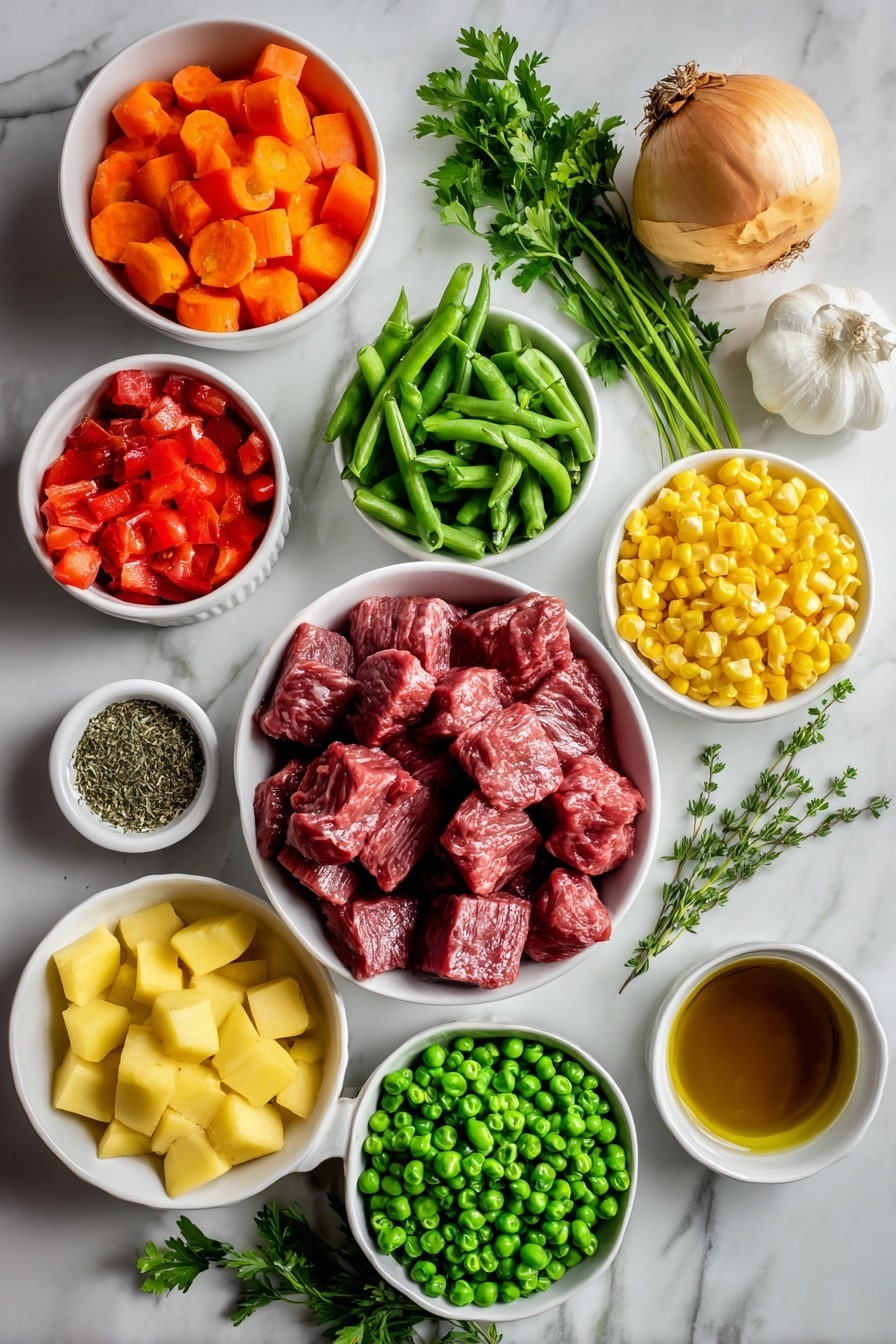 Flat lay of fresh chunks of raw beef stew meat, a small white bowl of golden olive oil, a whole large yellow onion peeled and chopped, peeled and chopped orange carrots, chopped pale green celery stalks, minced garlic cloves, a small white bowl filled with rich low-sodium beef broth, peeled and chopped red and yellow potato cubes, bright green chopped green beans, vibrant yellow frozen corn kernels, plump frozen green peas, a small white bowl holding bright red diced tomatoes, a small white bowl with dried basil leaves, a small white bowl with dried oregano, a small white bowl with dried thyme, fresh sprigs of bright green parsley, all arranged symmetrically and balanced on a clean white marble surface, soft natural light, photo taken with an iPhone, professional food photography style, fresh ingredients, white ceramic bowls, no bottles, no duplicates, no utensils, no packaging --ar 2:3 --v 7 --p awthu7i m7354615311229779997 - Vegetable Beef Soup, hearty beef vegetable soup, easy homemade beef vegetable soup, nutritious beef and vegetable soup, comforting beef soup recipe