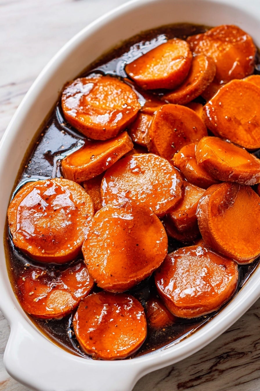 The image shows a close-up of a frying pan with twelve round, thick slices of sweet potato cooking in hot oil. Each slice has a shiny, smooth surface covered with tiny bubbles, giving a glossy and slightly wet look. The slices are arranged closely together, filling the pan, and their color is a rich, deep orange with darker edges where they meet the pan. The pan has a slightly worn metallic texture with some oil splatters around the sweet potatoes. The background is a white marbled texture. photo taken with an iphone --ar 2:3 --v 7 - Bourbon Glazed Candied Sweet Potatoes, sweet potato side dish with bourbon, holiday sweet potato recipes, easy candied sweet potatoes, flavorful sweet potato dish