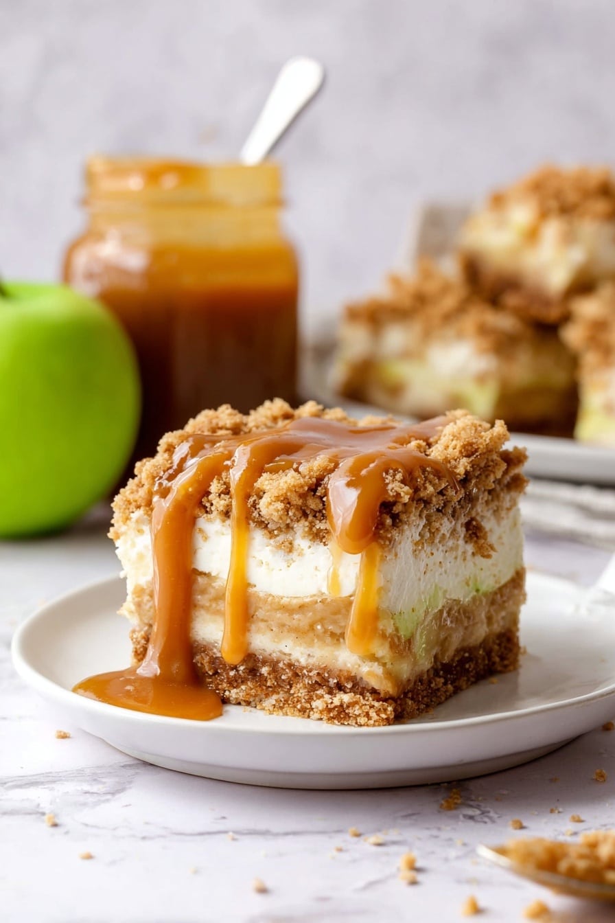 A square piece of layered dessert sits on a white plate, showing four visible layers: at the bottom is a golden brown crumbly crust, above it a thick white creamy layer, followed by a lighter brown layer with a textured look, and topped with a golden crumbly streusel layer. The top is drizzled with smooth caramel sauce that drips slightly on the plate. In the background, a jar filled with caramel and a spoon inside is visible, along with more pieces of the same dessert. A green apple sits to the left, all placed on a white marbled surface. Photo taken with an iphone --ar 2:3 --v 7 - Caramel Apple Cheesecake Bars, fall dessert recipes, apple cheesecake bars, caramel apple dessert, easy holiday baked goods