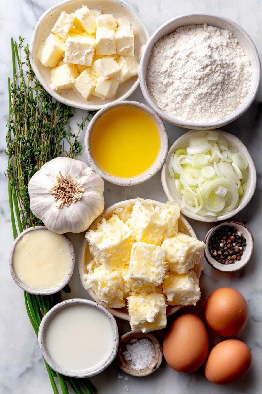 Flat lay of a whole head of garlic with the top sliced to expose cloves, a small white bowl of golden olive oil, peeled and cubed russet potatoes, several tablespoons of salted butter, a small pile of chopped white onions, thinly sliced whites and light greens of a leek, a small white bowl of flour, a white ceramic bowl filled with low sodium chicken broth, a small white bowl of whole milk, a small white bowl of heavy cream, a few fresh thyme sprigs, a small pile of freshly grated parmesan cheese, two whole uncracked brown eggs, fresh black peppercorns and coarse salt crystals scattered delicately, and a small bunch of bright green chopped chives, all arranged symmetrically on a clean white marble surface, soft natural light, photo taken with an iPhone, professional food photography style, fresh ingredients, white ceramic bowls, no bottles, no duplicates, no utensils, no packaging --ar 2:3 --v 7 --p awthu7i m7354615311229779997 - Creamy Roasted Garlic Potato Soup, roasted garlic potato soup recipe, velvety garlic potato soup, comforting potato soup with roasted garlic, easy hearty garlic potato soup