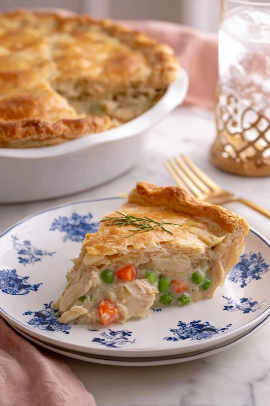 A slice of golden brown pie with a flaky, crisp crust sits on a white plate decorated with colorful butterflies and a gold rim, showing a creamy filling with visible green peas and orange carrot pieces inside. Behind the slice, the full pie in a white dish displays a thick, textured crust with a piece taken out, exposing the same vegetable and creamy filling. The scene includes a gold fork resting on a soft pink cloth and a clear glass of water on a white marbled surface. photo taken with an iphone --ar 2:3 --v 7 - Easy Creamy Chicken Pot Pie, chicken pot pie with flaky crust, comforting chicken pot pie, homemade chicken pot pie recipe, creamy chicken and veggie pie
