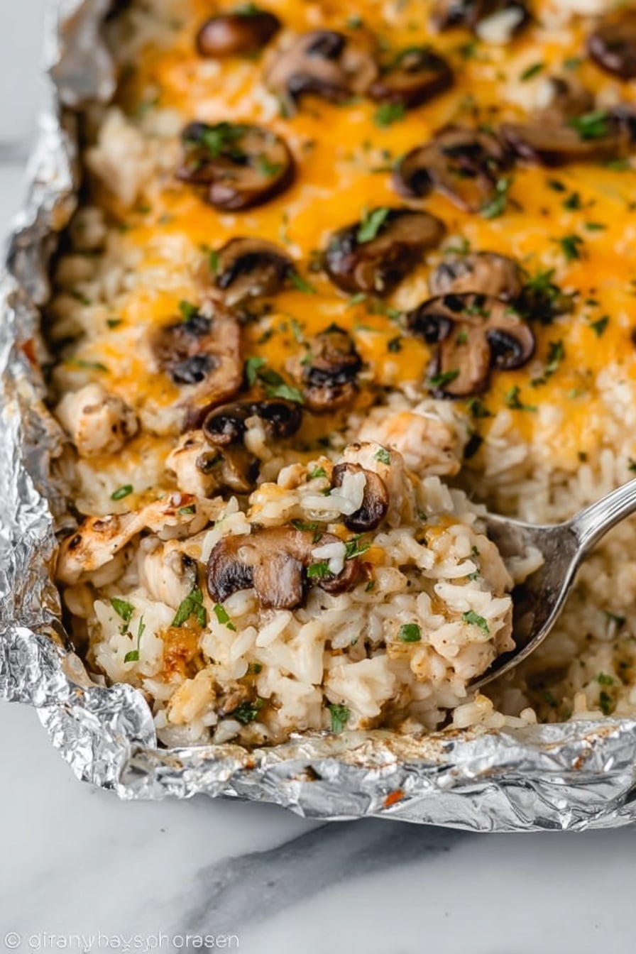 The image shows a close-up view of a baked casserole dish lined with foil, filled with a creamy rice mixture. The dish has three main layers: the bottom layer is soft, white rice mixed with small pieces of cooked chicken; the middle layer is a mix of melted yellow cheese and creamy sauce, creating a smooth texture; and the top layer is scattered with sautéed brown mushroom slices and small bits of green herbs. A spoon is partially scooping out a portion from the right side, revealing the mixed layers, and the casserole sits on a white marbled surface. photo taken with an iphone --ar 2:3 --v 7 - Creamy Chicken Wild Rice Casserole, chicken and wild rice bake, easy comfort food recipes, hearty chicken casserole, cheesy wild rice dish