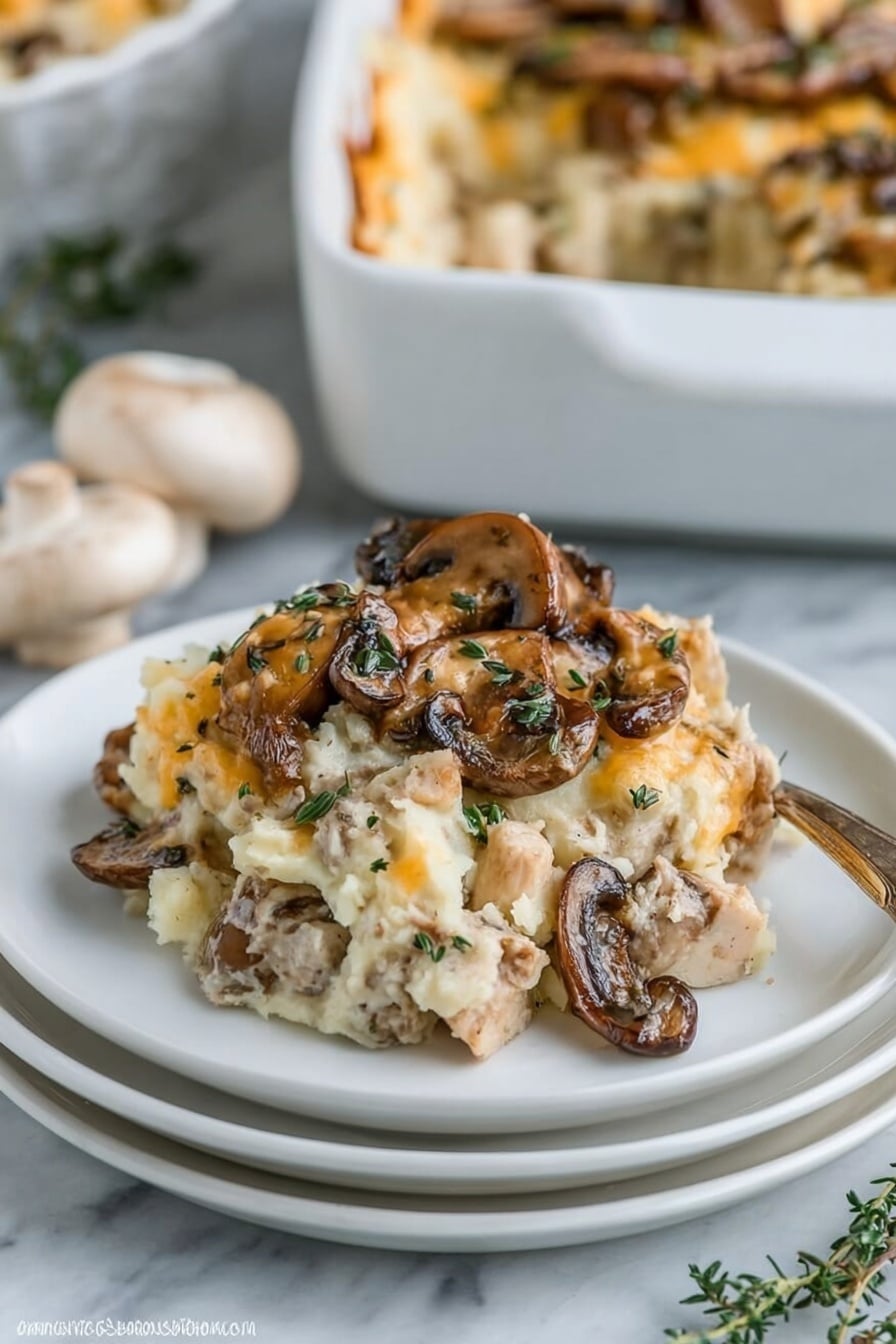 The dish is a creamy mushroom casserole served in a small white bowl placed on top of a white plate with another white plate underneath. The casserole has layers of soft beige mashed potatoes mixed with browned mushroom slices, light brown cooked chicken chunks, and melted pale yellow cheese. The top layer is garnished with sautéed, slightly crispy brown mushrooms and green herbs. The background is a white marbled surface with a whole small white mushroom and thyme sprigs to the left. In the background, a white baking dish filled with more casserole is partially visible. Photo taken with an iphone --ar 2:3 --v 7 - Creamy Chicken Wild Rice Casserole, chicken and wild rice bake, easy comfort food recipes, hearty chicken casserole, cheesy wild rice dish