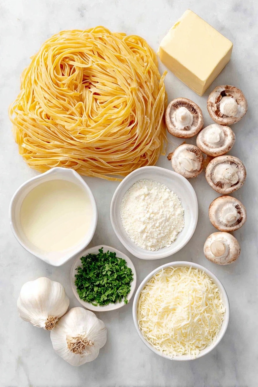 Flat lay of fresh linguine pasta nest, a small pat of unsalted butter, a few sliced white and cremini mushrooms arranged naturally, two whole uncracked garlic cloves, a small white ceramic bowl of dry white wine, a small white ceramic bowl of chicken broth, a small white ceramic bowl of heavy cream, a small white ceramic bowl of finely grated parmesan cheese, a few sprigs of roughly chopped fresh parsley, a small white ceramic bowl with mixed salt and pepper, placed on a clean white marble surface, soft natural light, photo taken with an iPhone, professional food photography style, fresh ingredients, white ceramic bowls, no bottles, no duplicates, no utensils, no packaging --ar 2:3 --v 7 --p awthu7i m7354615311229779997 - Creamy Mushroom Pasta, Mushroom Pasta Recipe, Easy Mushroom Pasta, Vegetarian Mushroom Pasta, Comfort Food Pasta
