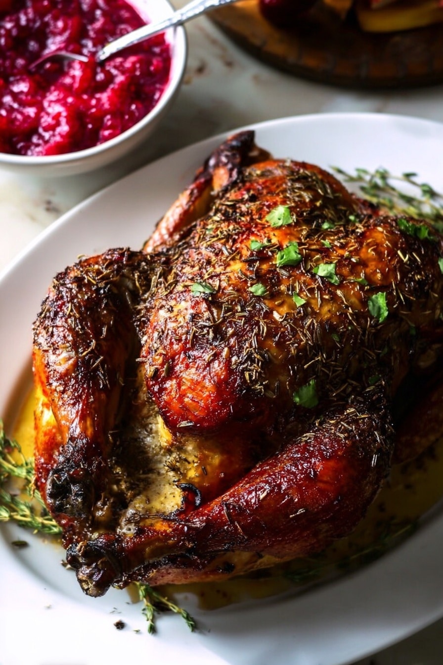 A whole roasted chicken sits on a large white oval plate on a white marbled surface. The chicken has a dark golden-brown skin, covered with herbs and spices that add texture and color, with some green parsley leaves sprinkled on top. The drumsticks and wings are visible and slightly charred at the edges. In the background, there is a white bowl filled with bright red cranberry sauce that has a chunky texture and a spoon resting inside. The overall scene is warm and rich in colors, highlighting the contrast between the dark brown chicken and the red cranberry sauce photo taken with an iphone --ar 2:3 --v 7 - Perfect Roast Turkey, roast turkey recipe, crispy turkey skin, juicy turkey, holiday turkey dinner