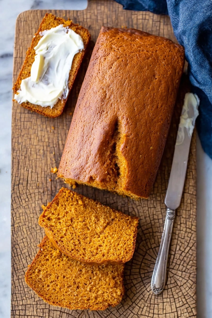 A loaf of orange-brown bread with a smooth top and cracks runs down the center, placed on a wooden cutting board with a cracked pattern. One slice is separated from the loaf and spread unevenly with white creamy butter on the upper left side, showing the moist and crumbly texture of the bread inside. Two more slices are stacked at the bottom right of the board. A silver butter knife with some white cream on the blade rests next to the loaf on the right side, and a corner of a blue cloth is visible on the left. The scene is set on a white marbled surface. Photo taken with an iphone --ar 2:3 --v 7 - Easy Pumpkin Bread, Pumpkin Bread Recipe, Moist Pumpkin Bread, Autumn Pumpkin Loaf, Quick Pumpkin Bread