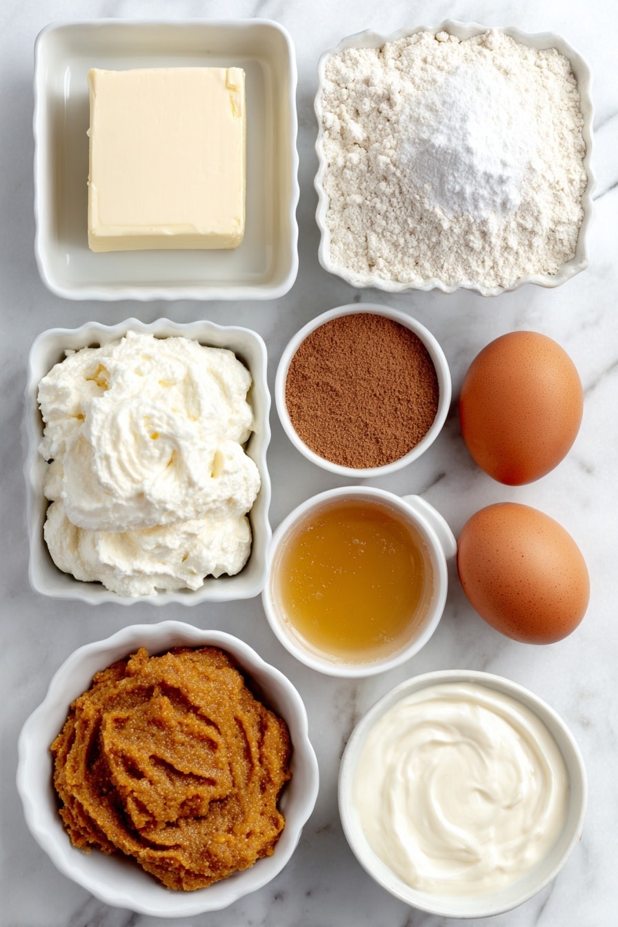 Flat lay of a small mound of all purpose flour, a small pile of baking powder, a tiny pinch of kosher salt, a square of softened unsalted butter, a small heap of brown sugar, a dollop of vibrant orange pumpkin puree, a generous scoop of whipped cream cheese, a small white bowl of golden honey, a small white bowl with ground cinnamon powder, a small white bowl filled with powdered sugar, a small white bowl containing creamy milk, and two whole uncracked brown eggs, all arranged symmetrically on a simple white ceramic surface, placed on a clean white marble surface, soft natural light, photo taken with an iPhone, professional food photography style, fresh ingredients, white ceramic bowls, no bottles, no duplicates, no utensils, no packaging --ar 2:3 --v 7 --p awthu7i m7354615311229779997 - Pumpkin Cinnamon Rolls, easy fall breakfast, no yeast cinnamon rolls, pumpkin dessert recipes, quick pumpkin sweet rolls