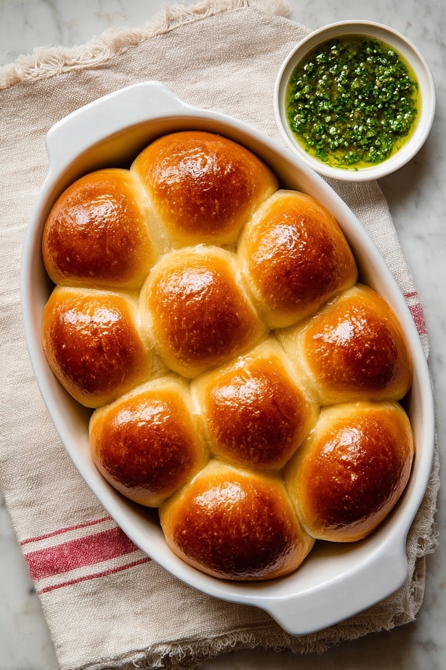 A white oval dish holds fifteen golden brown bread rolls arranged tightly in three layers: the bottom layer covered by the two upper layers, the middle layer with five rolls, and the top layer with five rolls, all with shiny, smooth, and slightly cracked tops showing a soft texture. To the top right of the dish, there is a small white bowl with a green herb sauce that looks fresh and slightly chunky. The dish rests on a light beige cloth with red stripes on a white marbled surface. Photo taken with an iphone --ar 2:3 --v 7 - Garlic Butter Dinner Rolls, easy homemade dinner rolls, fluffy garlic bread rolls, buttery dinner rolls recipe, soft yeast dinner rolls