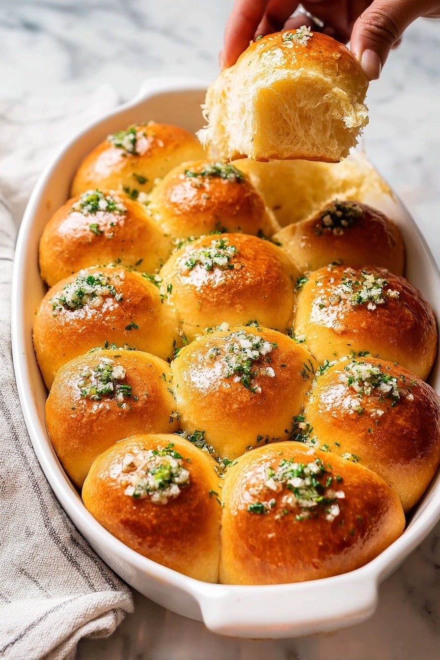 The image shows a white oval dish filled with 15 soft, golden-brown dinner rolls, arranged in three rows with five rolls each. The rolls have a shiny, slightly glossy surface, topped with small bits of chopped green herbs and tiny white salt crystals. A woman's hand is pulling apart one roll from the top right corner, revealing its fluffy, light interior. The dish is set on a white marbled surface with a folded cloth napkin beneath it on the left side. photo taken with an iphone --ar 2:3 --v 7 - Garlic Butter Dinner Rolls, easy homemade dinner rolls, fluffy garlic bread rolls, buttery dinner rolls recipe, soft yeast dinner rolls