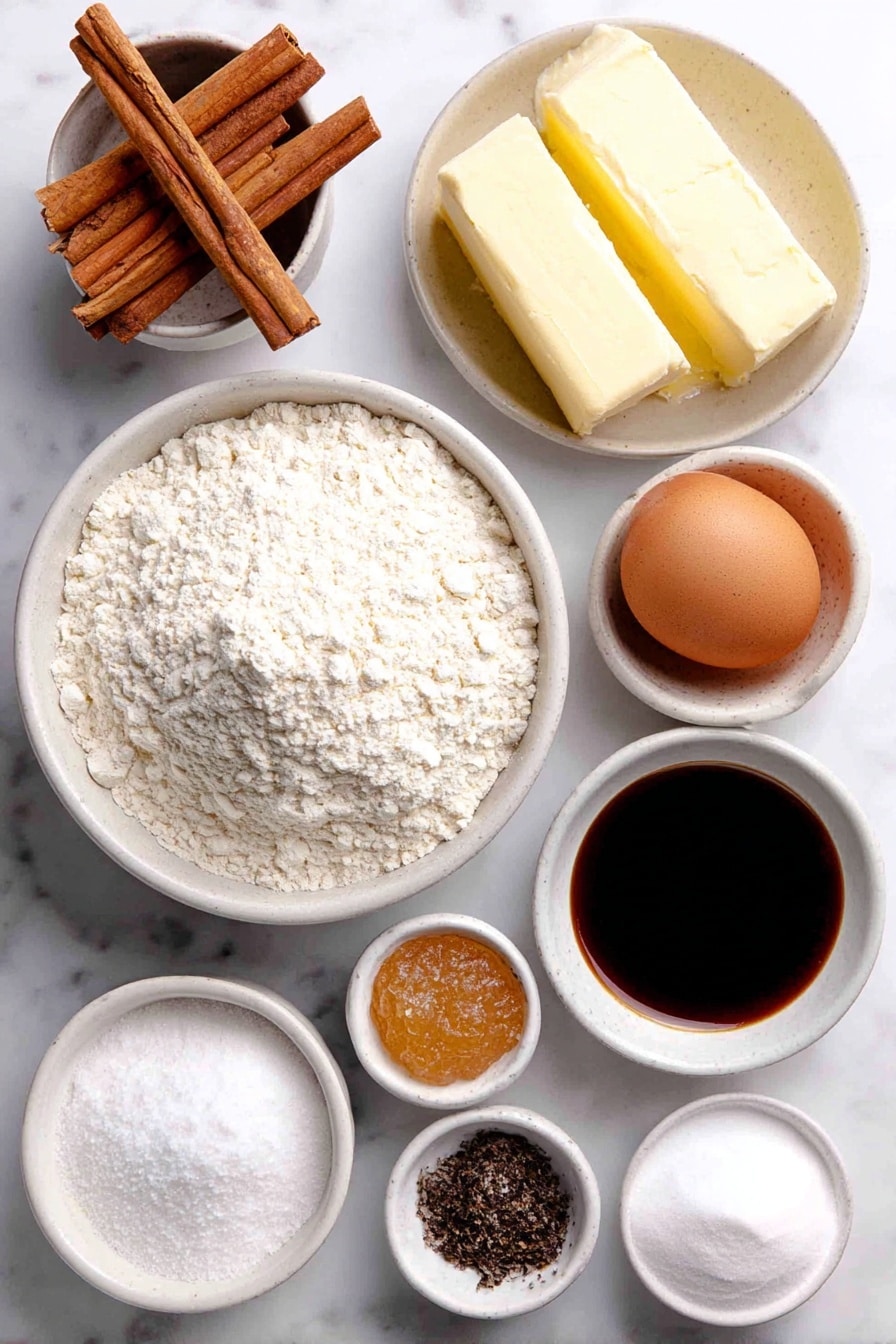 Flat lay of a small mound of unbleached all-purpose flour in a simple white ceramic bowl, a few rustic sticks of cinnamon arranged beside a small white bowl filled with golden molasses, a small white bowl of light brown sugar with a soft, fluffy texture, a smooth slab of unsalted butter at room temperature, a single large whole egg with a clean shell, a small white bowl containing fine ground ginger powder, a tiny white bowl of ground cloves, a small white bowl with fine sea salt, and a small white bowl holding baking soda, all ingredients fresh and natural, perfectly balanced and symmetrically arranged in a professional flat lay style, placed on a clean white marble surface, soft natural light, photo taken with an iPhone, professional food photography style, fresh ingredients, white ceramic bowls, no bottles, no duplicates, no utensils, no packaging --ar 2:3 --v 7 --p awthu7i m7354615311229779997 - Homemade Gingerbread Cookies, gingerbread cookies recipe, holiday gingerbread cookies, soft chewy gingerbread cookies, festive gingerbread treats