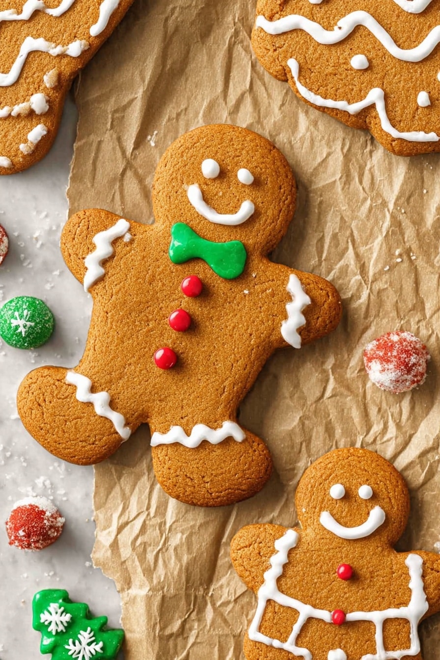 The image shows four gingerbread cookies on crumpled brown paper over a white marbled surface. The largest gingerbread cookie is in the center, shaped like a person with white icing outlining the body, two red round candies as buttons, two white dots for eyes, a curved white icing smile, and a green bow tie made of icing and a green candy. To the right, a smaller gingerbread man with white icing suspenders and shorts, two red round candy buttons, and a smiley face made with white icing. At the top right corner, part of another gingerbread cookie has white zigzag icing, while the top left shows a bigger cookie with white icing zigzag and borders. Scattered around are small candy decorations in green, red, and white shaped like snowflakes, Christmas trees, and candy canes. Photo taken with an iphone --ar 2:3 --v 7 - Homemade Gingerbread Cookies, gingerbread cookies recipe, holiday gingerbread cookies, soft chewy gingerbread cookies, festive gingerbread treats