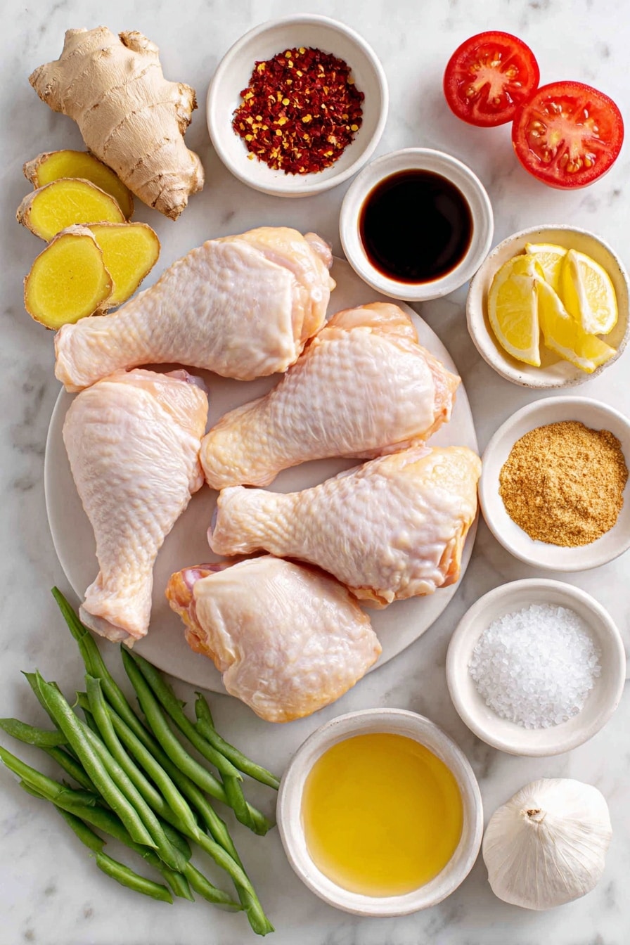 Flat lay of four raw chicken leg quarters with smooth skin, fresh whole ginger root and eight thin slices of bright yellow ginger, small white ceramic bowls containing golden honey, dark brown soy sauce, vibrant red chili flakes, pale yellow lemon juice, and separate piles of coarse white salt, light brown sugar, ground ginger powder, and garlic powder, a small heap of fresh mixed vegetables including green beans, a sliced red bell pepper, a halved small red onion, and a ripe red tomato wedge, all ingredients arranged symmetrically in perfect proportions on a clean white marble surface, soft natural light, photo taken with an iPhone, professional food photography style, fresh ingredients, white ceramic bowls, no bottles, no duplicates, no utensils, no packaging --ar 2:3 --v 7 --p awthu7i m7354615311229779997 - Honey Soy Glazed Chicken Bake, easy chicken dinner, flavorful baked chicken, foil-baked chicken recipes, juicy chicken with honey soy glaze