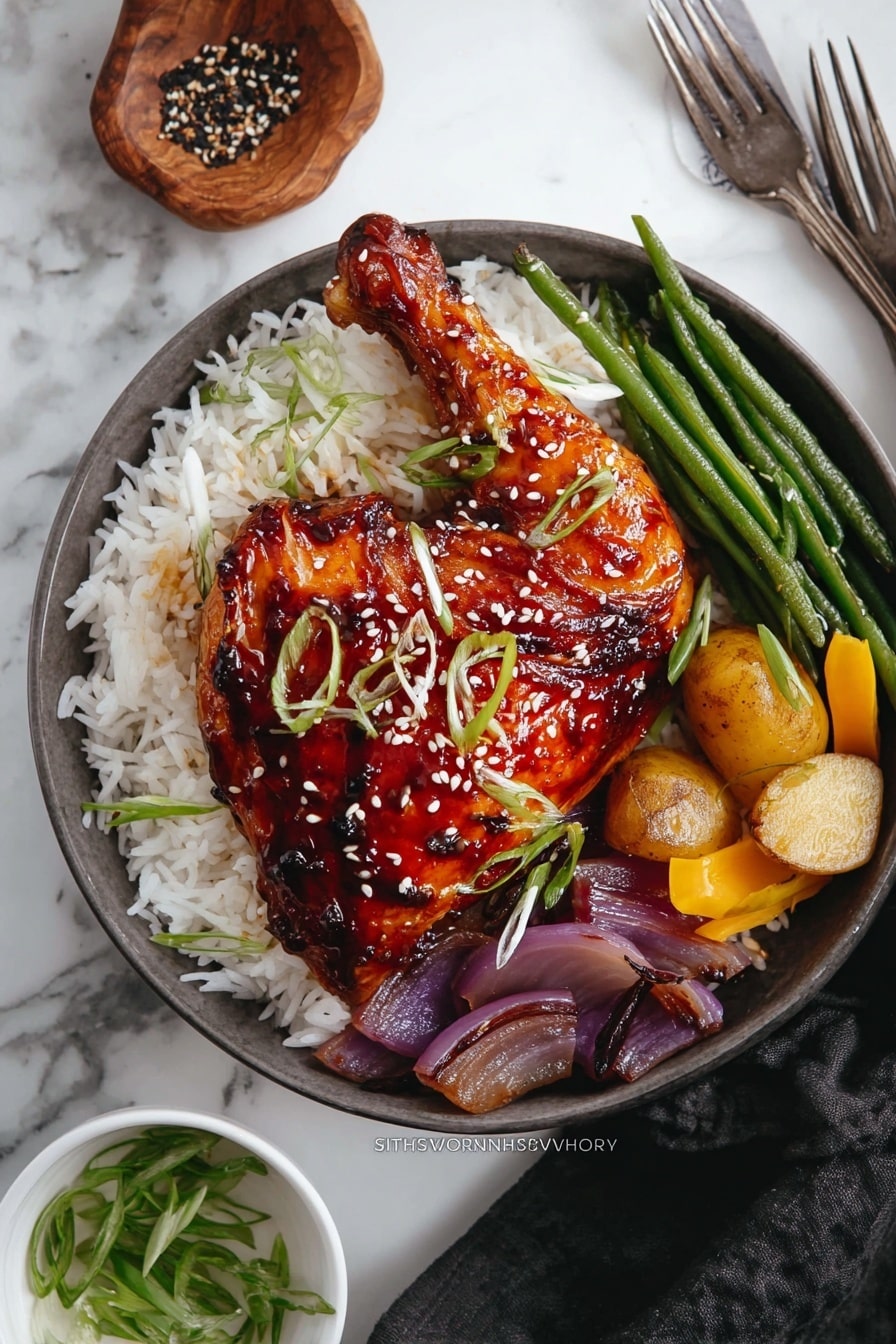 A white bowl is filled with a base layer of white rice, topped by a large grilled chicken leg coated in shiny reddish-brown sauce and sprinkled with white sesame seeds. Around the chicken leg on the rice are thin, light green onion curls. On the right side of the bowl, there are some green beans, two small light yellow potatoes, and a yellow pepper slice. At the bottom right, under the chicken, are sautéed purple onion rings. The bowl sits on a white marbled surface with a fork and dark cloth to the right, and a small white bowl of sliced green onions below. Photo taken with an iphone --ar 2:3 --v 7 - Honey Soy Glazed Chicken Bake, easy chicken dinner, flavorful baked chicken, foil-baked chicken recipes, juicy chicken with honey soy glaze