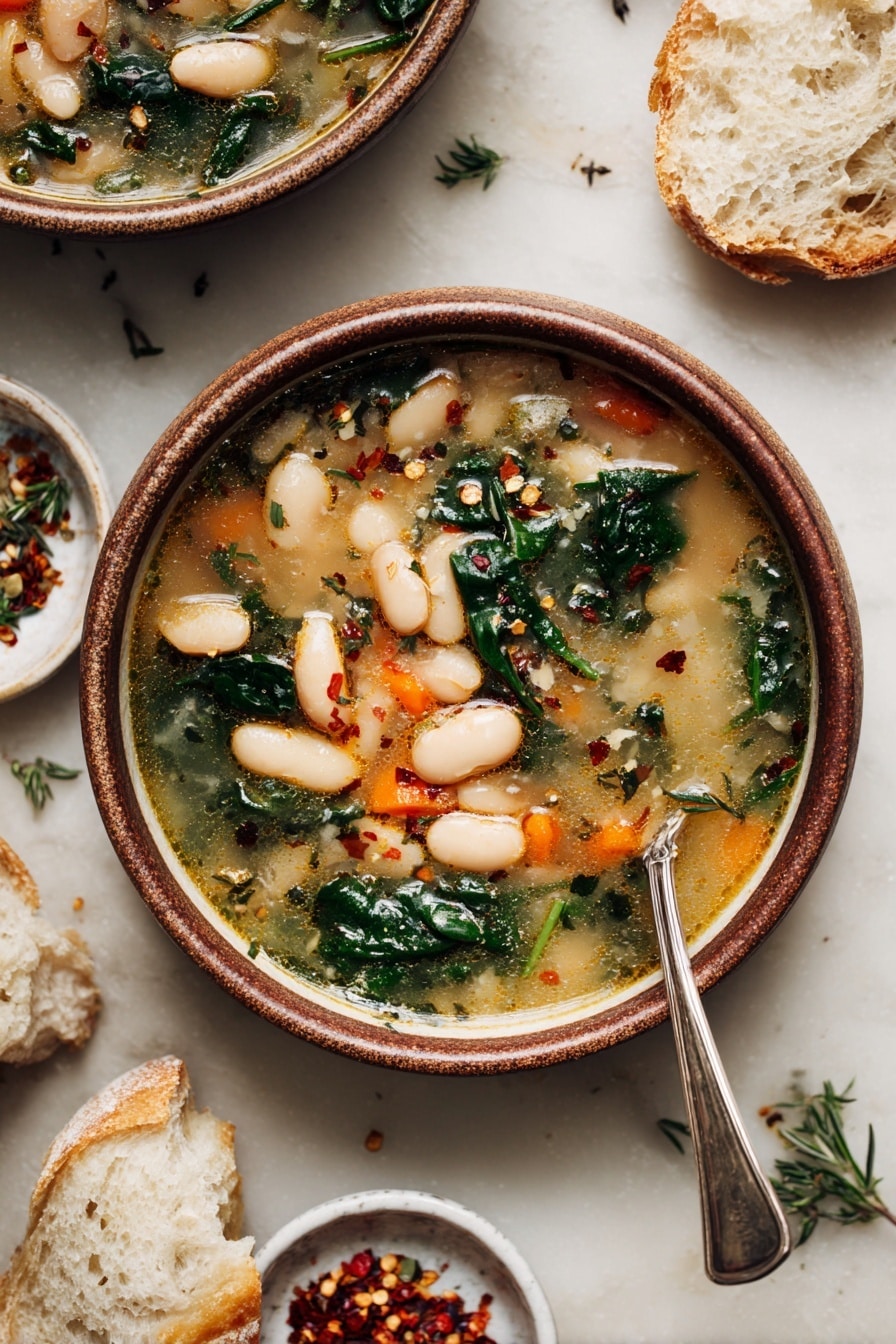 The image shows a bowl filled with a light brown broth soup containing several white beans scattered throughout. There are dark green spinach leaves and small carrot slices floating on top, with some black pepper and red chili flakes sprinkled over the surface. The soup looks warm with some oil droplets shining on the broth. The bowl is a brown ceramic one, placed on a white marbled surface with a silver spoon beside it. Around the bowl, there are pieces of crusty cream-colored bread and scattered herbs. A partial view of another bowl with the same soup and a small white dish with red chili flakes are also visible nearby. Photo taken with an iphone --ar 2:3 --v 7 - Hearty Tuscan White Bean Soup, Tuscan White Bean Soup, Italian Bean Soup, Healthy White Bean Soup, Comforting Tuscan Soup