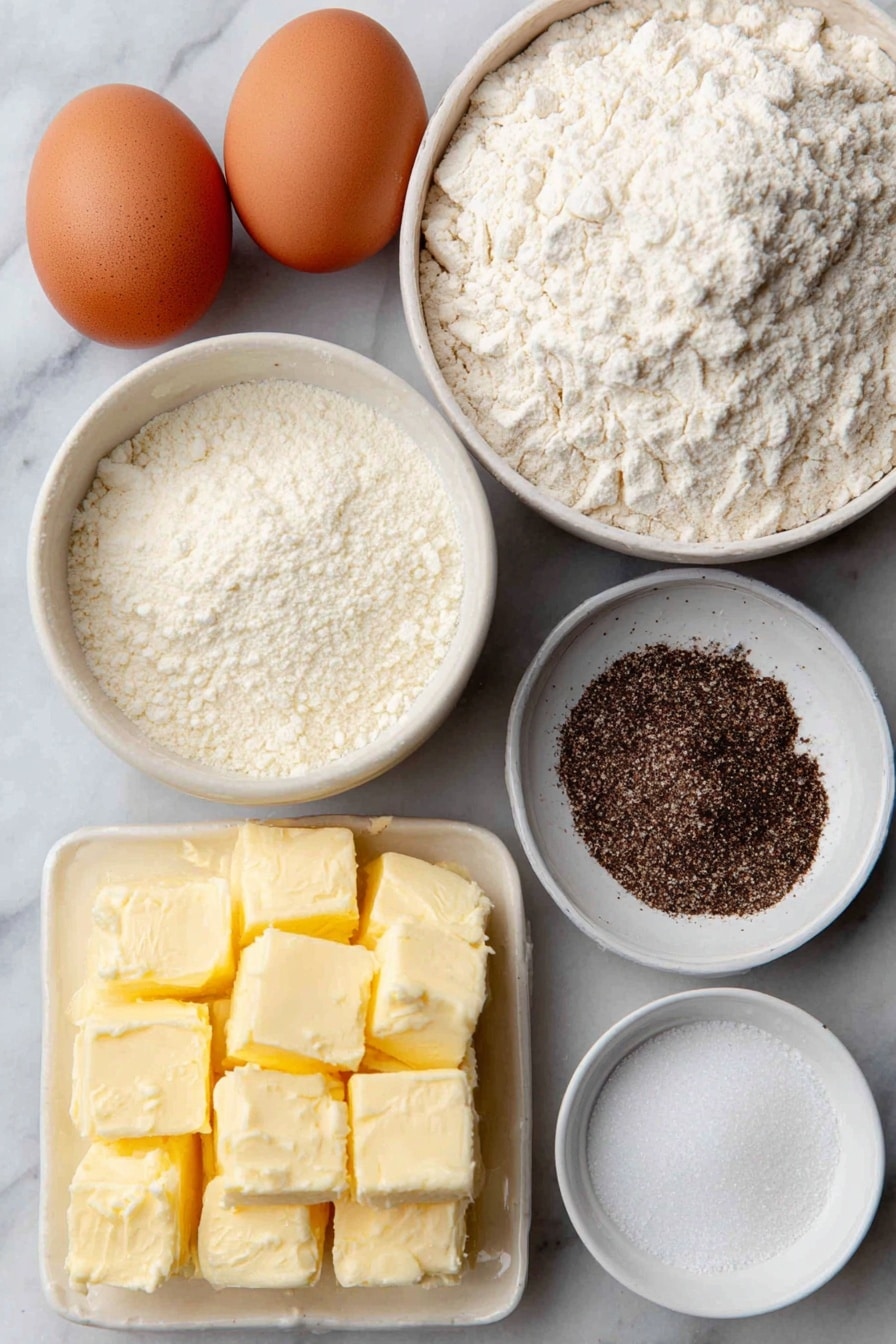 Flat lay of two whole uncracked eggs with clean shells, a small white ceramic bowl of pale yellow unsalted butter cubes, a small white ceramic bowl of plain all-purpose flour, a small white ceramic bowl of finely ground black pepper, a small white ceramic bowl of onion powder, two chicken and beef stock cubes side by side, and a small white ceramic bowl of clear boiling water, placed on a clean white marble surface, soft natural light, photo taken with an iPhone, professional food photography style, fresh ingredients, white ceramic bowls, no bottles, no duplicates, no utensils, no packaging --ar 2:3 --v 7 --p awthu7i m7354615311229779997 - KFC-Inspired Homemade Gravy, homemade gravy recipe, quick gravy recipe, savory homemade gravy, easy gravy for mashed potatoes