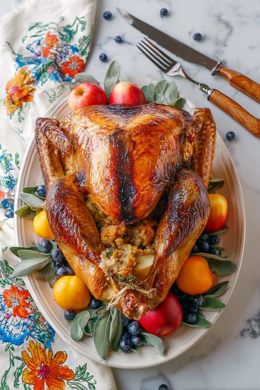 A whole roasted turkey with shiny, deep golden brown skin is placed on a white oval plate. The turkey's skin shows some darker, richer brown areas on the wings and top, with the legs tied together at the front. Inside the turkey is visible stuffing made of light brown ingredients and small herbs. Around the turkey on the plate are bright red apples, small apricot yellow fruits, and a bunch of plump, dark blueberries mixed with green eucalyptus leaves. The plate sits on a white marbled surface, and beside it are a wooden-handled fork and a black-handled knife. A white towel with colorful floral designs in blue, orange, and yellow is partly shown behind the plate. photo taken with an iphone --ar 2:3 --v 7 - Maple Glazed Roast Turkey, Maple Glazed Turkey, Holiday Turkey, Juicy Roast Turkey, Sweet Savory Turkey