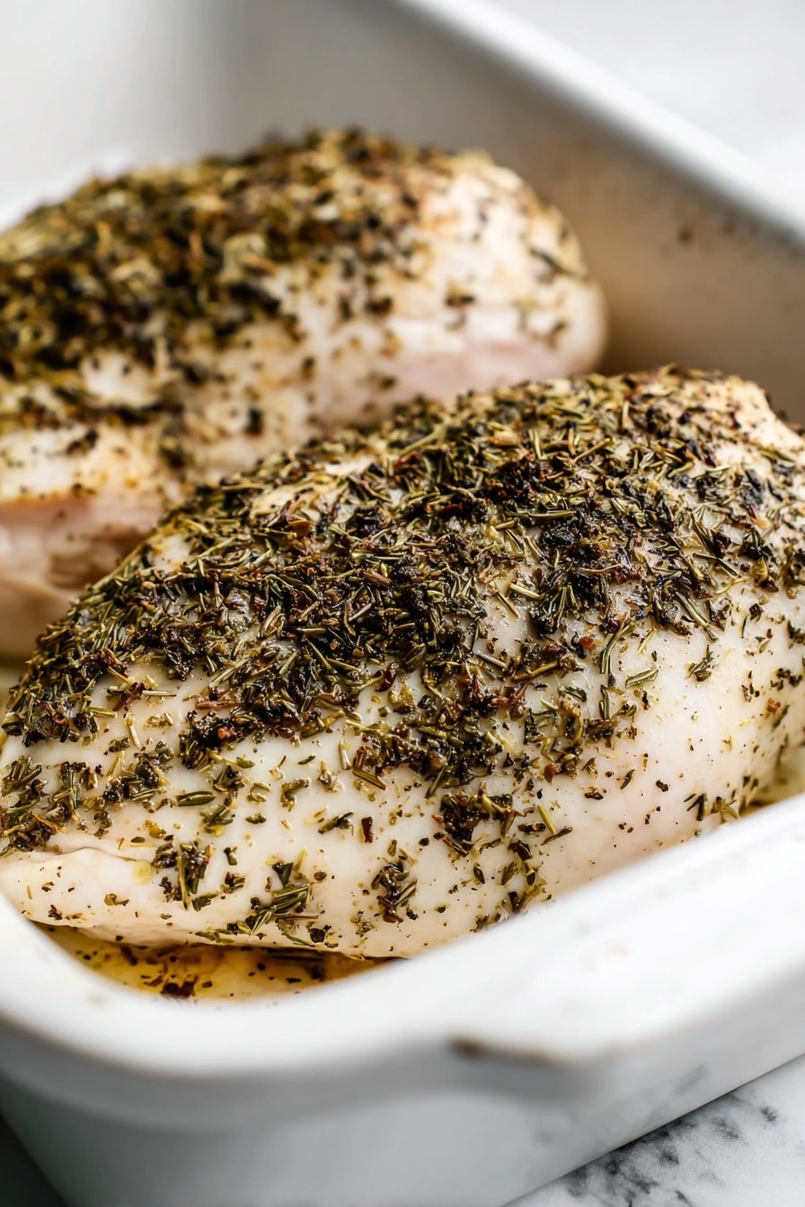 The image shows two cooked chicken pieces in a white baking dish sitting on a white marbled surface. Each chicken piece is covered with a mix of dark green and brown dried herbs, giving a textured look on the creamy white and light pink meat layers. The chicken pieces are placed close to each other, with the front piece showing more herb coverage and texture, while the back piece is slightly blurred to show depth. The edges of the dish and the surface around it are clean and simple. photo taken with an iphone --ar 2:3 --v 7 - Herb Baked Chicken Breast, baked chicken breast recipes, easy herb chicken, juicy baked chicken, healthy chicken dinner