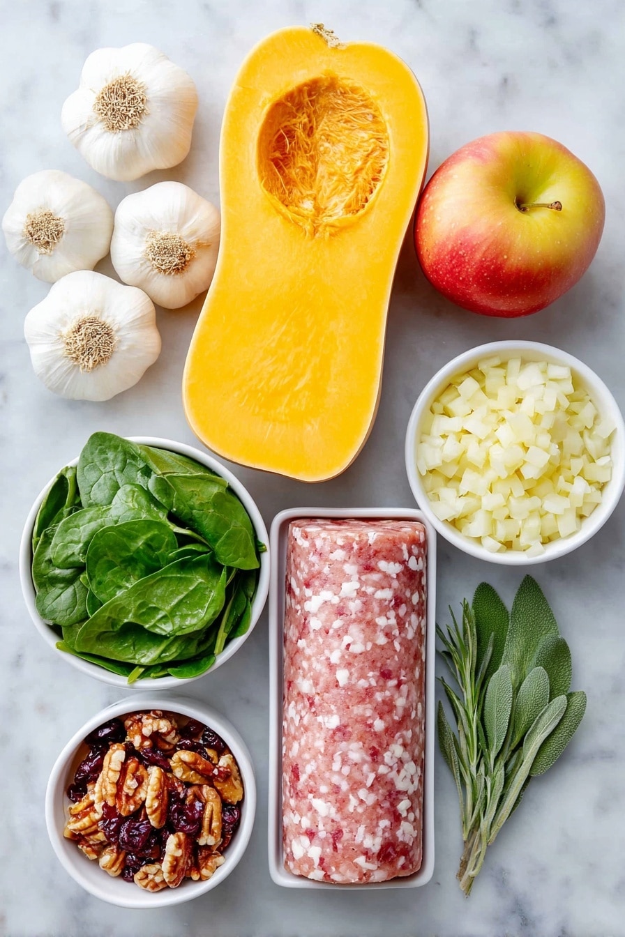 Flat lay of a halved butternut squash with vibrant orange flesh, a small white ceramic bowl of golden extra virgin olive oil, a cluster of three whole garlic bulbs with white papery skins, half a small yellow onion diced finely in a white bowl, a handful of fresh dark green baby spinach leaves neatly arranged, one whole russet apple with a smooth red and yellow skin next to diced apple pieces in a white bowl, a few sprigs of fresh green sage leaves, a few sprigs of fresh rosemary, a small white bowl filled with unsweetened dried cranberries, a small white bowl of roughly chopped pecans, and a portion of raw Italian sausage with pink and white marbling, all placed on a clean white marble surface, soft natural light, photo taken with an iPhone, professional food photography style, fresh ingredients, white ceramic bowls, no bottles, no duplicates, no utensils, no packaging --ar 2:3 --v 7 --p awthu7i m7354615311229779997 - Apple Sausage Stuffed Butternut Squash, stuffed butternut squash recipe, fall comfort food recipes, healthy stuffed squash, easy baked stuffed squash