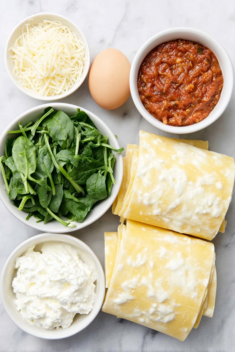 Flat lay of a few uncooked wheat lasagna noodles neatly stacked, a small heap of fresh bright green spinach leaves, a large whole brown egg with a clean shell, a small white ceramic bowl of thick homemade marinara sauce rich red with visible tomato chunks, a small white bowl filled with creamy white ricotta cheese, a small white bowl of finely grated pale yellow Parmesan cheese, a small white bowl of shredded white mozzarella cheese, all ingredients arranged symmetrically on a clean white marble surface, soft natural light, photo taken with an iPhone, professional food photography style, fresh ingredients, white ceramic bowls, no bottles, no duplicates, no utensils, no packaging --ar 2:3 --v 7 --p awthu7i m7354615311229779997 - Spinach Lasagna Roll-Ups, healthy lasagna roll-ups, easy spinach lasagna, baked spinach roll-ups, creamy ricotta spinach casserole