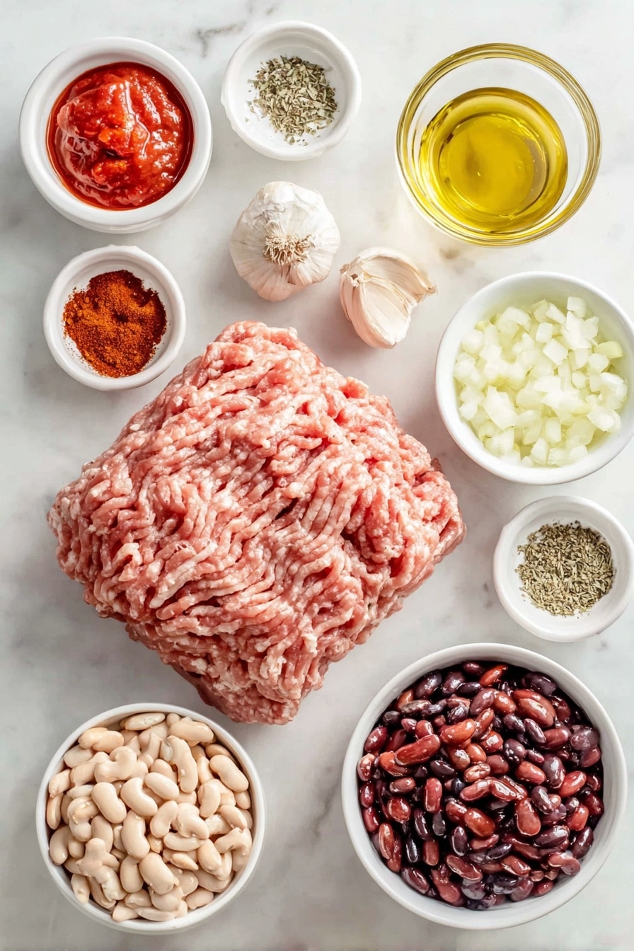 Flat lay of fresh ground turkey shaped into a neat mound, a small white ceramic bowl filled with bright red tomato paste, a small white ceramic bowl holding golden olive oil, a small white ceramic bowl with finely chopped yellow onions, four whole uncracked garlic bulbs, a small white ceramic bowl with deep brown packed brown sugar, a small white ceramic bowl containing rich red chili powder, a small white ceramic bowl with warm tan ground cumin, a small white ceramic bowl of dried oregano leaves, a small white ceramic bowl with coarse white salt, a small white ceramic bowl holding fine black pepper, a small white ceramic bowl with fire roasted crushed tomatoes showing seeds and charred pieces, three small white ceramic bowls each with kidney beans, black beans, and pinto beans all shiny and fresh looking, placed on a clean white marble surface, soft natural light, photo taken with an iPhone, professional food photography style, fresh ingredients, white ceramic bowls, no bottles, no duplicates, no utensils, no packaging --ar 2:3 --v 7 --p awthu7i m7354615311229779997 - Healthy Turkey Chili, healthy turkey chili recipe, easy turkey chili, low-calorie chili, protein-packed chili