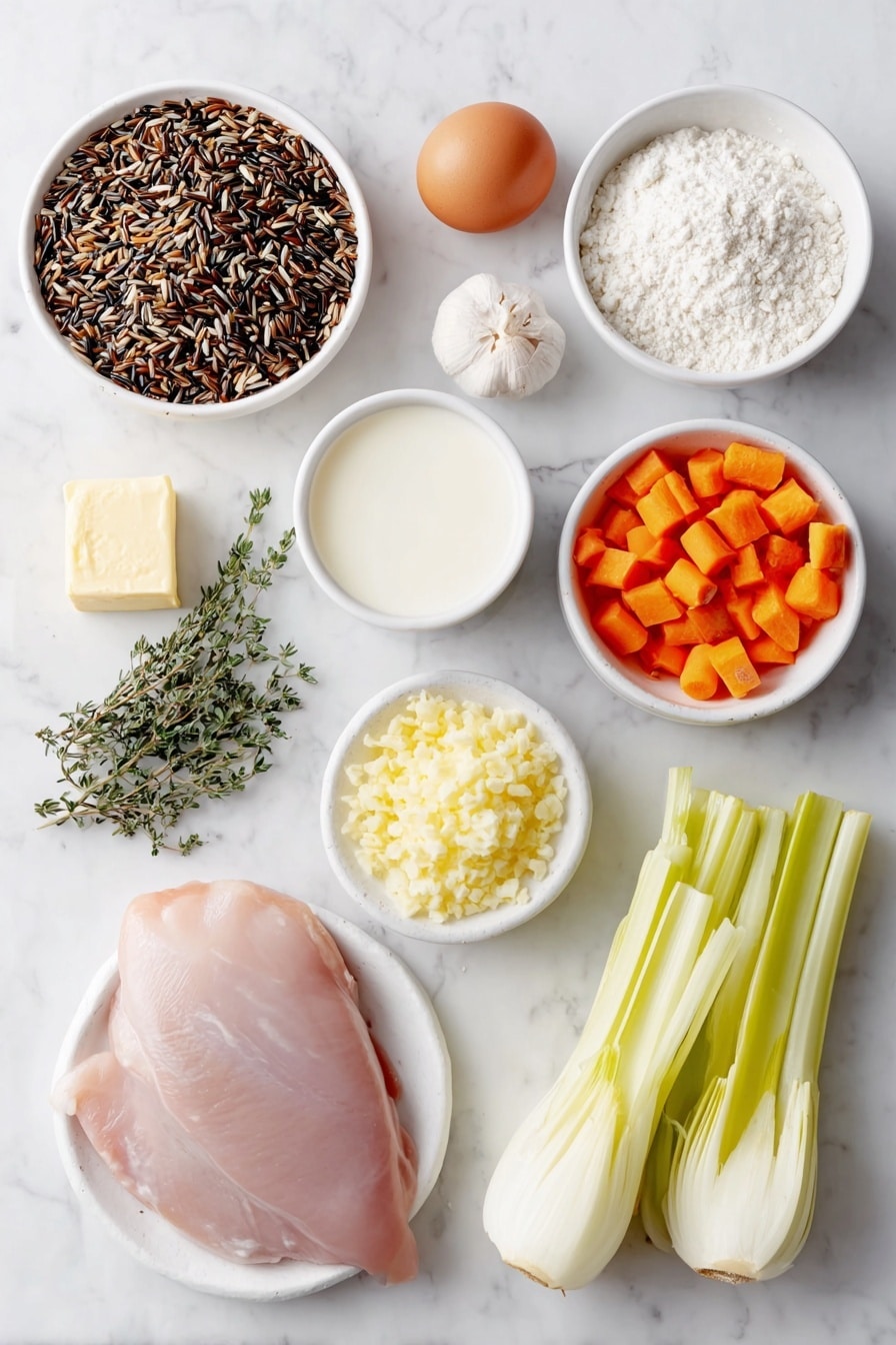 Flat lay of a small mound of uncooked wild rice blend with black, brown, and white grains, a small pile of diced bright orange carrots, a cluster of three fresh celery ribs sliced, a small heap of chopped pale yellow onion, a whole uncracked brown egg, a few sprigs of fresh green thyme and rosemary, a pat of golden butter cut into small cubes, a small white bowl filled with white all-purpose flour, a small white bowl of smooth heavy cream, a small white bowl of creamy milk, a small white bowl containing minced fresh garlic, a raw boneless skinless chicken breast half with fresh pink skin, and a small pile of finely grated lemon zest, all arranged in perfect symmetry and balanced proportions on a simple white ceramic plate and bowls, placed on a clean white marble surface, soft natural light, photo taken with an iPhone, professional food photography style, fresh ingredients, white ceramic bowls, no bottles, no duplicates, no utensils, no packaging --ar 2:3 --v 7 --p awthu7i m7354615311229779997 - Creamy Chicken and Wild Rice Soup, hearty chicken wild rice soup, comforting chicken soup recipes, easy creamy chicken and rice, nourishing winter soups