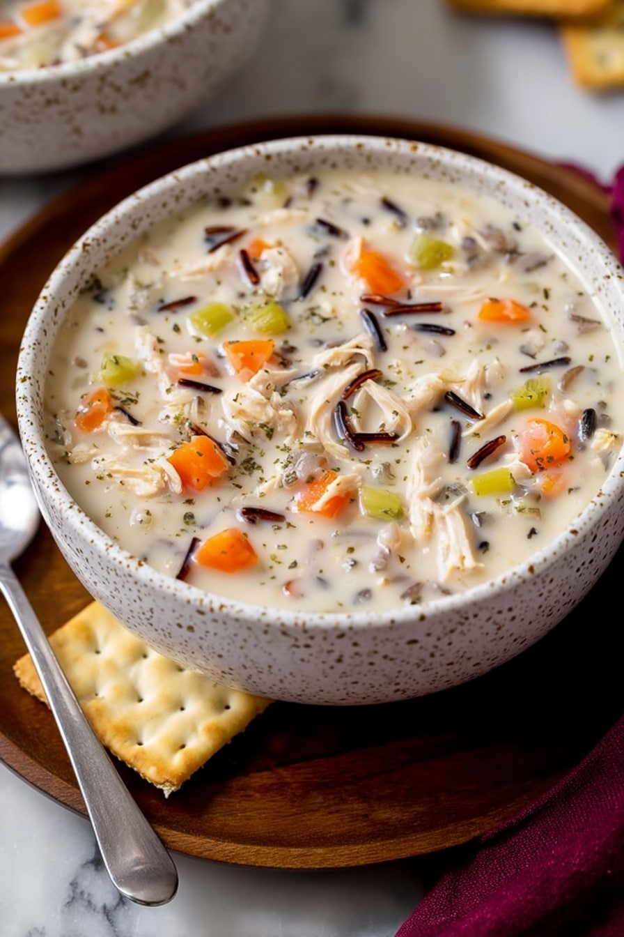 A close-up of a white speckled bowl filled with creamy soup that has a white base layer mixed with small shredded pieces of light-colored meat, dark wild rice grains, bright orange carrot chunks, and light green celery pieces spread evenly throughout. The bowl is sitting on a round wooden plate, accompanied by a silver spoon on the left side and a light beige square cracker in front. The scene is set against a white marbled background with a folded dark red cloth to the right. Photo taken with an iphone --ar 2:3 --v 7 - Creamy Chicken and Wild Rice Soup, hearty chicken wild rice soup, comforting chicken soup recipes, easy creamy chicken and rice, nourishing winter soups