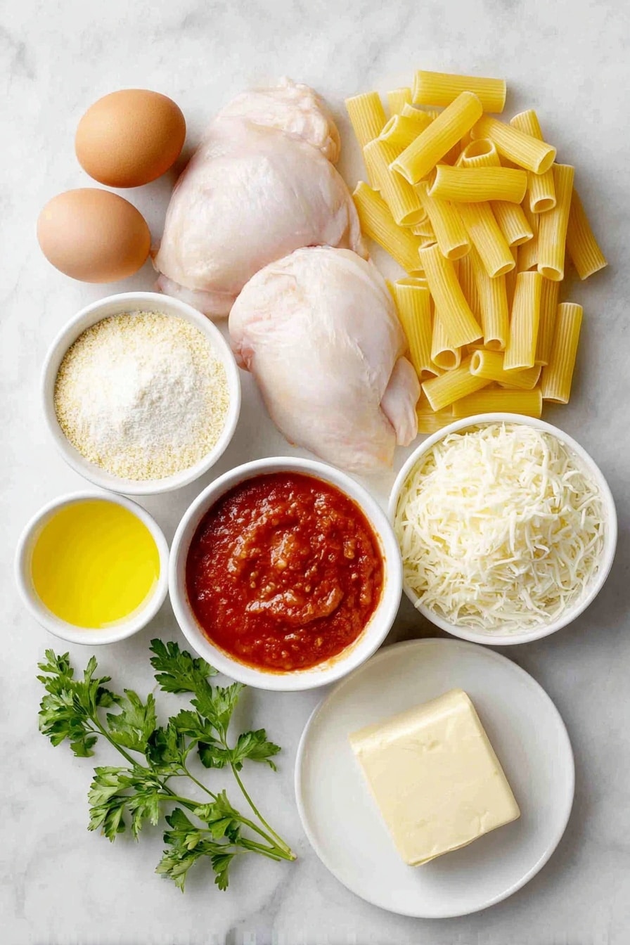 Flat lay of rigatoni pasta piled neatly, two small boneless skinless chicken breasts raw and fresh, a small mound of Italian breadcrumbs, a small heap of all-purpose flour, two whole uncracked brown eggs, three cups shredded mozzarella cheese in a small white ceramic bowl, a small white bowl with grated Parmesan cheese, a small white bowl with bright red marinara sauce, a small white bowl filled with golden vegetable oil, two tablespoons of pale yellow butter on a white ceramic plate, and a few sprigs of fresh green parsley arranged delicately, placed on a clean white marble surface, soft natural light, photo taken with an iPhone, professional food photography style, fresh ingredients, white ceramic bowls, no bottles, no duplicates, no utensils, no packaging --ar 2:3 --v 7 --p awthu7i m7354615311229779997 - Cheesy Chicken Parmesan Casserole, Chicken Parmesan casserole, Easy chicken casserole, Baked chicken pasta casserole, Cheesy baked chicken dinner