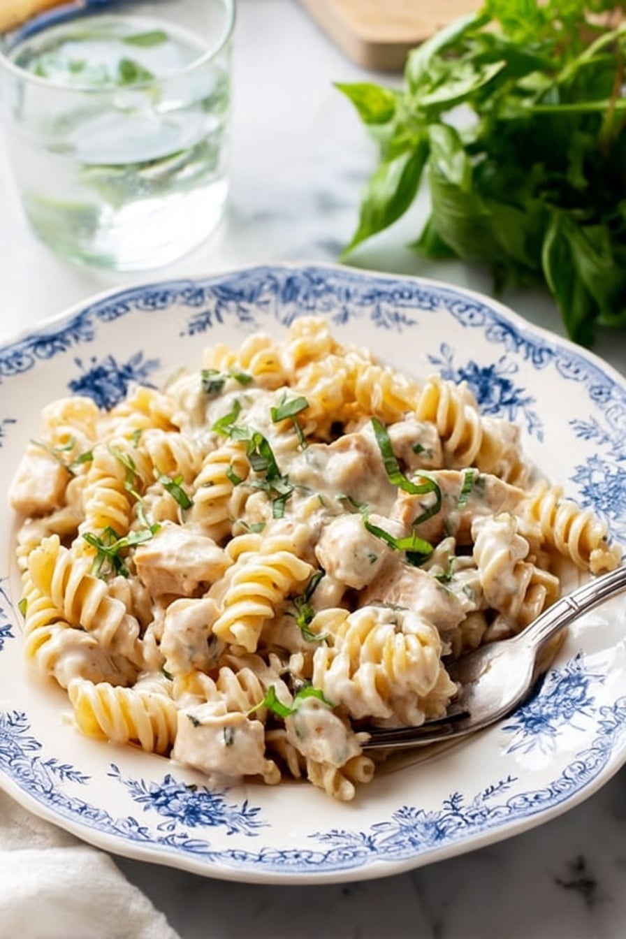 A white plate with blue floral patterns holds creamy rotini pasta mixed with chunks of light beige chicken, all coated in a smooth, white sauce. Small pieces of green herbs are scattered on top, adding contrast to the dish. A silver fork rests on the right side of the plate with some pasta wrapped around its tines. The plate sits on a white marbled surface with a clear glass of water and green leafy herbs in the background. photo taken with an iphone --ar 2:3 --v 7 - Chicken Alfredo Bake, creamy chicken Alfredo pasta, easy baked Alfredo chicken, cheesy chicken casserole, weeknight dinner recipes