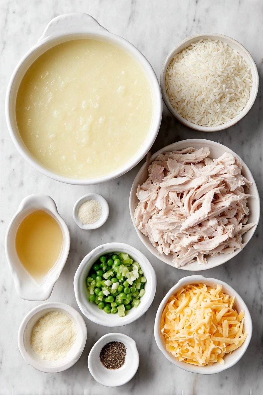 Flat lay of a small white ceramic bowl of creamy condensed cream of chicken soup, a small white ceramic bowl of golden chicken broth, a simple white ceramic bowl filled with uncooked Minute Rice grains, a small white ceramic bowl holding shredded rotisserie chicken, a small white ceramic bowl of vibrant frozen mixed vegetables including carrots and peas, a small white ceramic bowl with bright chopped scallions, a small white ceramic bowl containing freshly grated sharp cheddar cheese, a small white ceramic bowl with fine garlic powder, a small white ceramic bowl with onion powder, a small white ceramic bowl with Italian seasoning leaves, and a small white ceramic bowl of freshly ground black pepper placed on a clean white marble surface, soft natural light, photo taken with an iPhone, professional food photography style, fresh ingredients, white ceramic bowls, no bottles, no duplicates, no utensils, no packaging --ar 2:3 --v 7 --p m7354615311229779997 - Easy Chicken Rice Casserole, Chicken Rice Casserole, cheesy chicken casserole, creamy chicken bake, quick weeknight dinner
