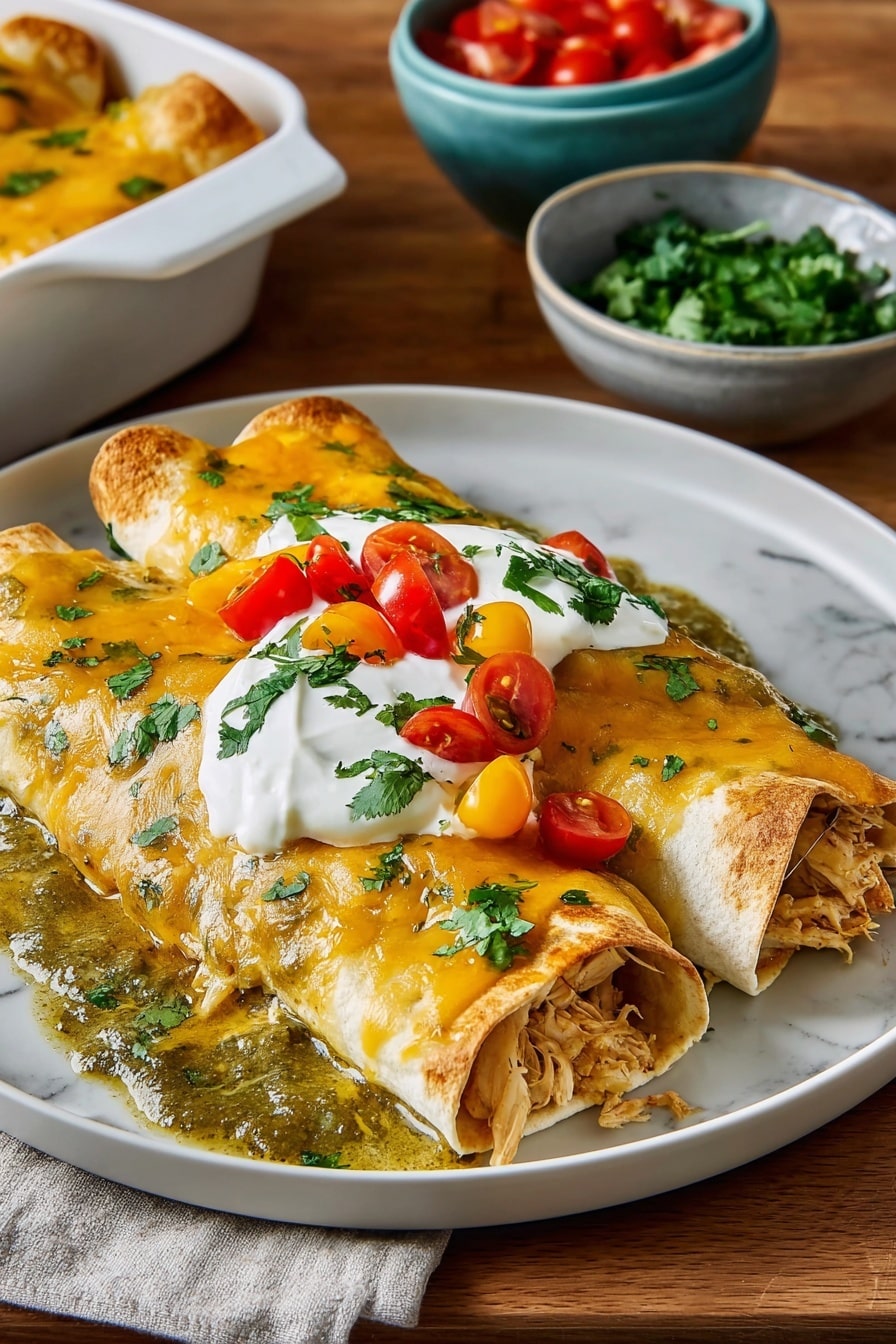 Two rolled tortillas filled with shredded chicken lay side by side on a white plate. They are covered in a melted golden-yellow cheese layer mixed with a green sauce that pools slightly around the edges. On top, there is a dollop of white sour cream, sprinkled with chopped bright red and yellow cherry tomatoes and fresh green cilantro. The plate sits on a wooden table with white marbled texture in the background, and behind it, there are bowls with chopped tomatoes and chopped cilantro. photo taken with an iphone --ar 2:3 --v 7 - Easy Chicken Enchiladas, chicken enchiladas recipe, cheesy chicken enchiladas, quick chicken enchiladas, flavorful enchiladas dinner
