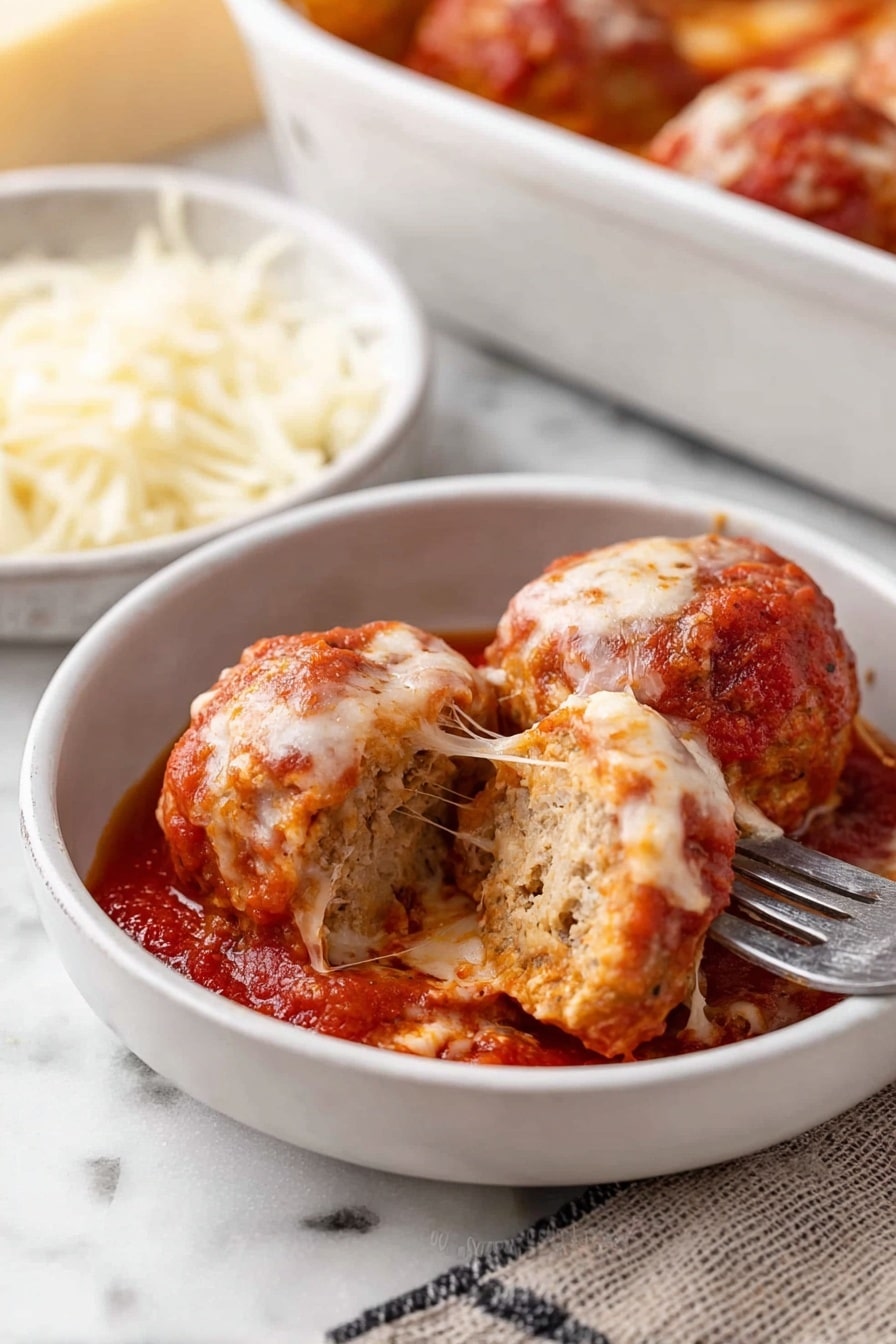 A white bowl holds three round meatballs covered in red tomato sauce, with melted cheese strings stretching from one meatball. One meatball is cut in half, showing a light brown inside texture. A silver fork pokes into the bowl from the right side. Near the bowl is a small white dish filled with a heap of shredded white cheese. In the background, there is a white baking dish slightly visible with more meatballs in tomato sauce. The surface underneath everything is a white marbled texture. Photo taken with an iphone --ar 2:3 --v 7 - Baked Chicken Parmesan Meatballs, easy chicken parmesan meatballs, cheesy baked meatballs, healthy chicken parmesan, flavorful meatball recipes